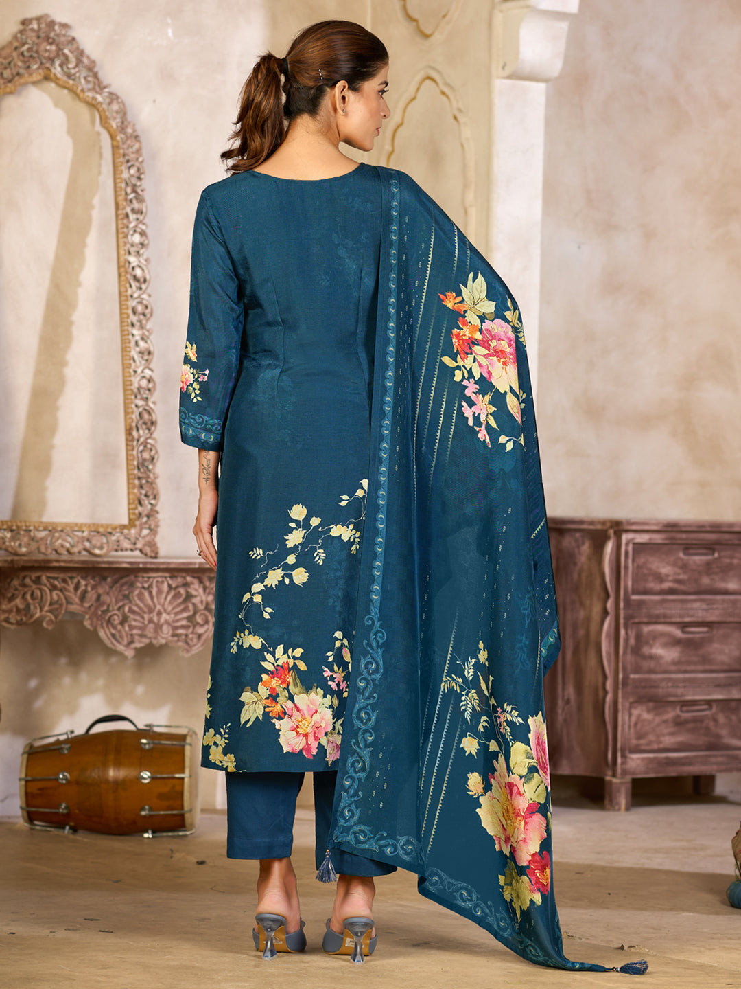 Blue Viscose Kurta Set with Elegant Floral Printed Work, Paired with Cambric Cotton Bottom and a Matching Viscose Dupatta