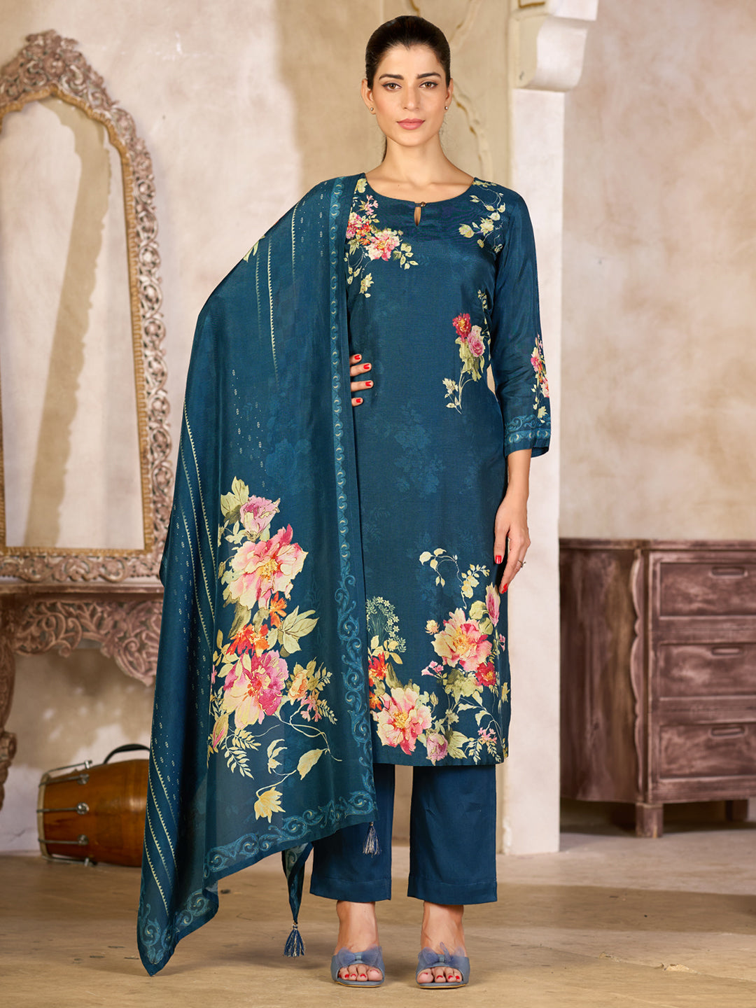 Blue Viscose Kurta Set with Elegant Floral Printed Work, Paired with Cambric Cotton Bottom and a Matching Viscose Dupatta