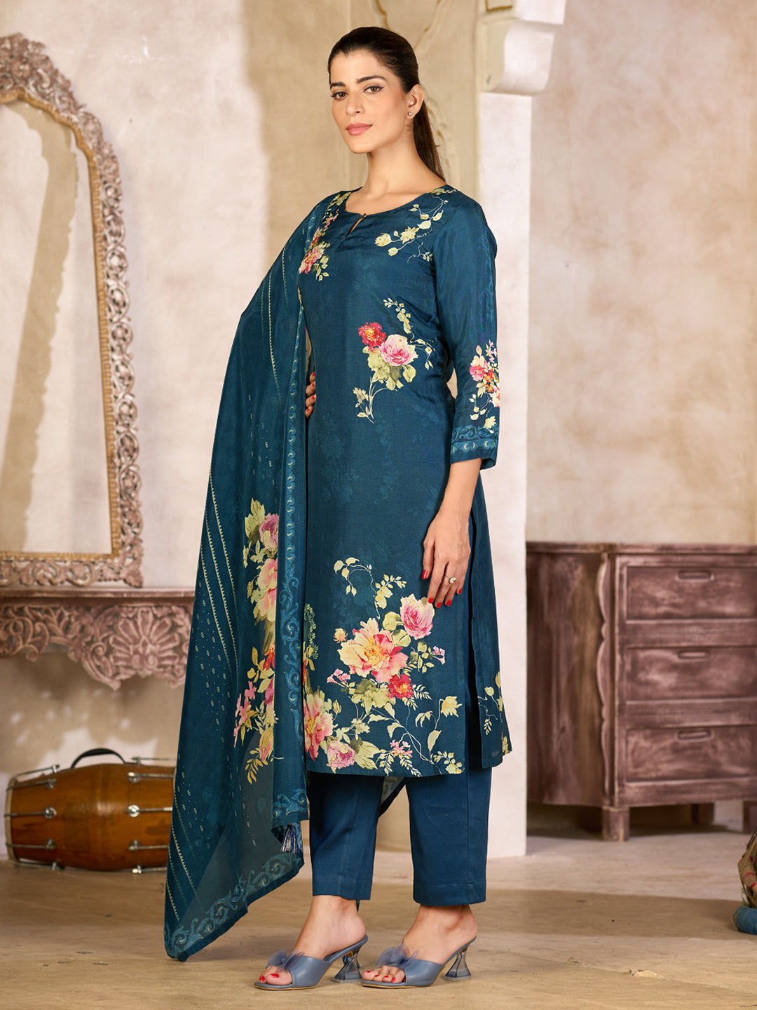 Blue Viscose Kurta Set with Elegant Floral Printed Work, Paired with Cambric Cotton Bottom and a Matching Viscose Dupatta