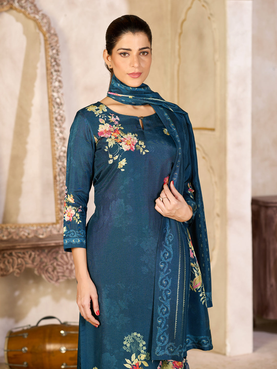 Blue Viscose Kurta Set with Elegant Floral Printed Work, Paired with Cambric Cotton Bottom and a Matching Viscose Dupatta