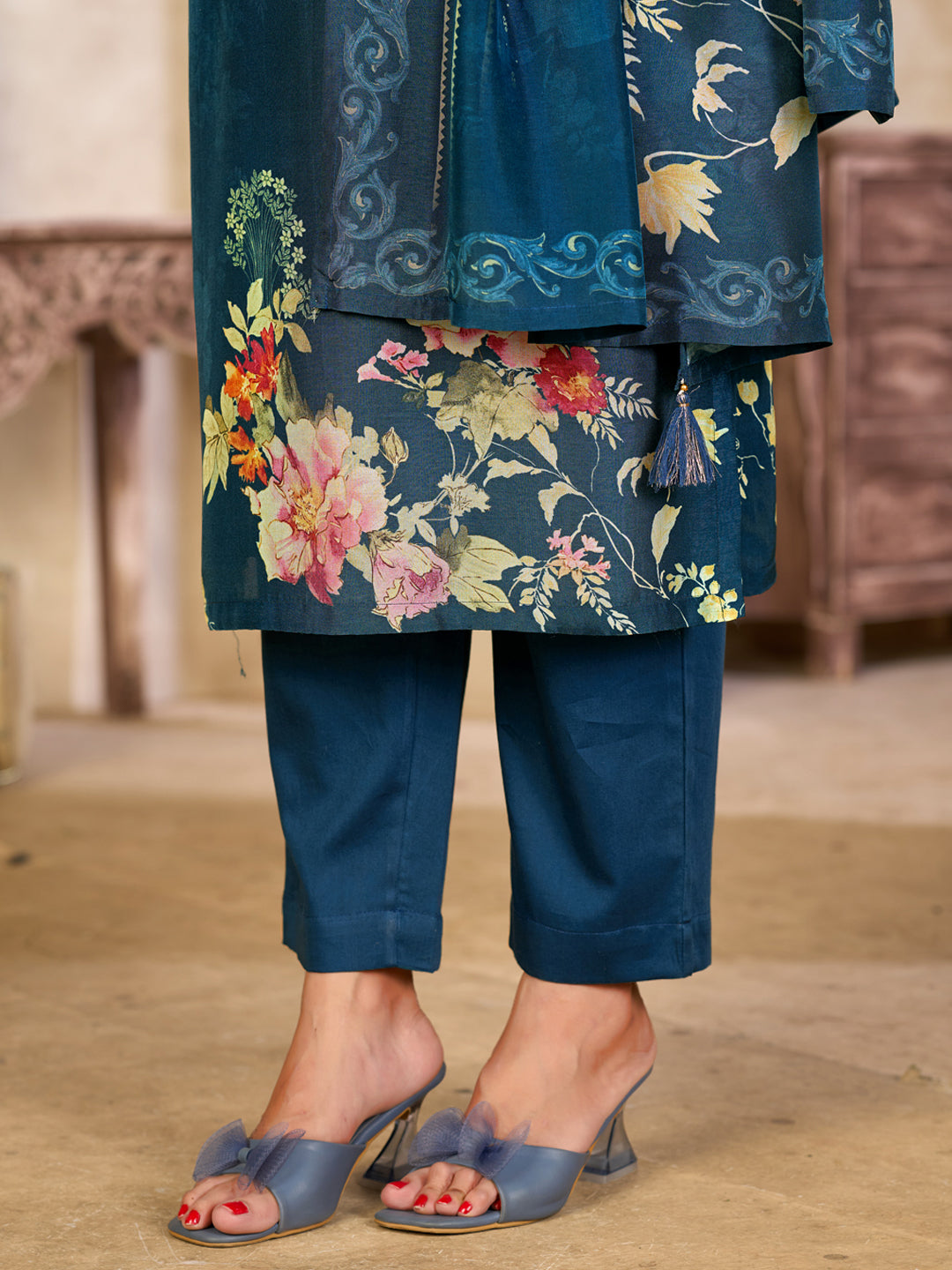 Blue Viscose Kurta Set with Elegant Floral Printed Work, Paired with Cambric Cotton Bottom and a Matching Viscose Dupatta