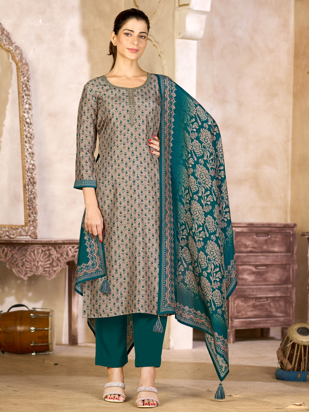 Beige Viscose Kurta Set with All Over Contrast Floral Print, Paired with Solid Bottom and Jacquard Woven Dupatta