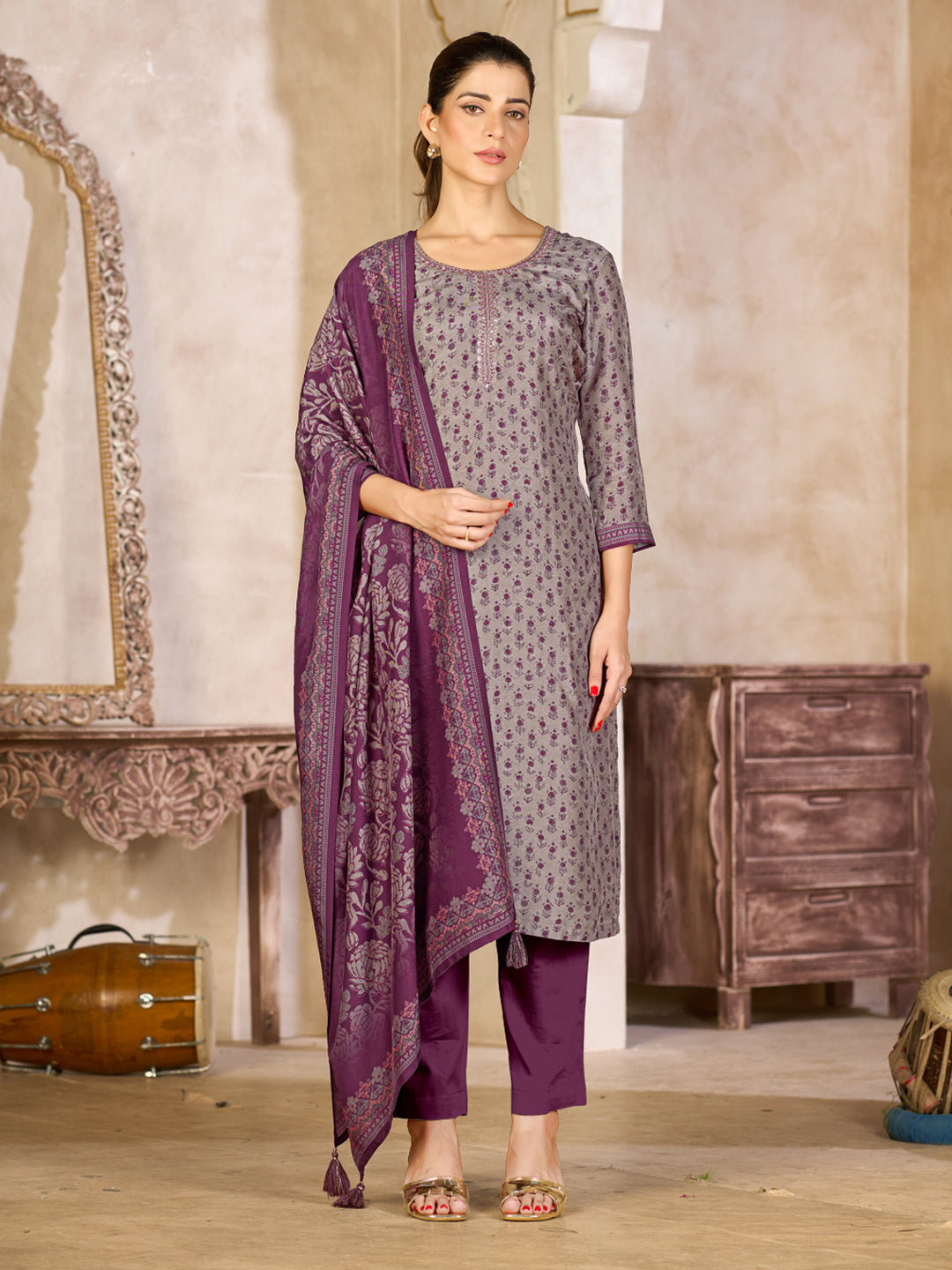 Grey Viscose Kurta Set with Contrast Print Work, Paired with Cambric Cotton Bottom and a Viscose Dupatta