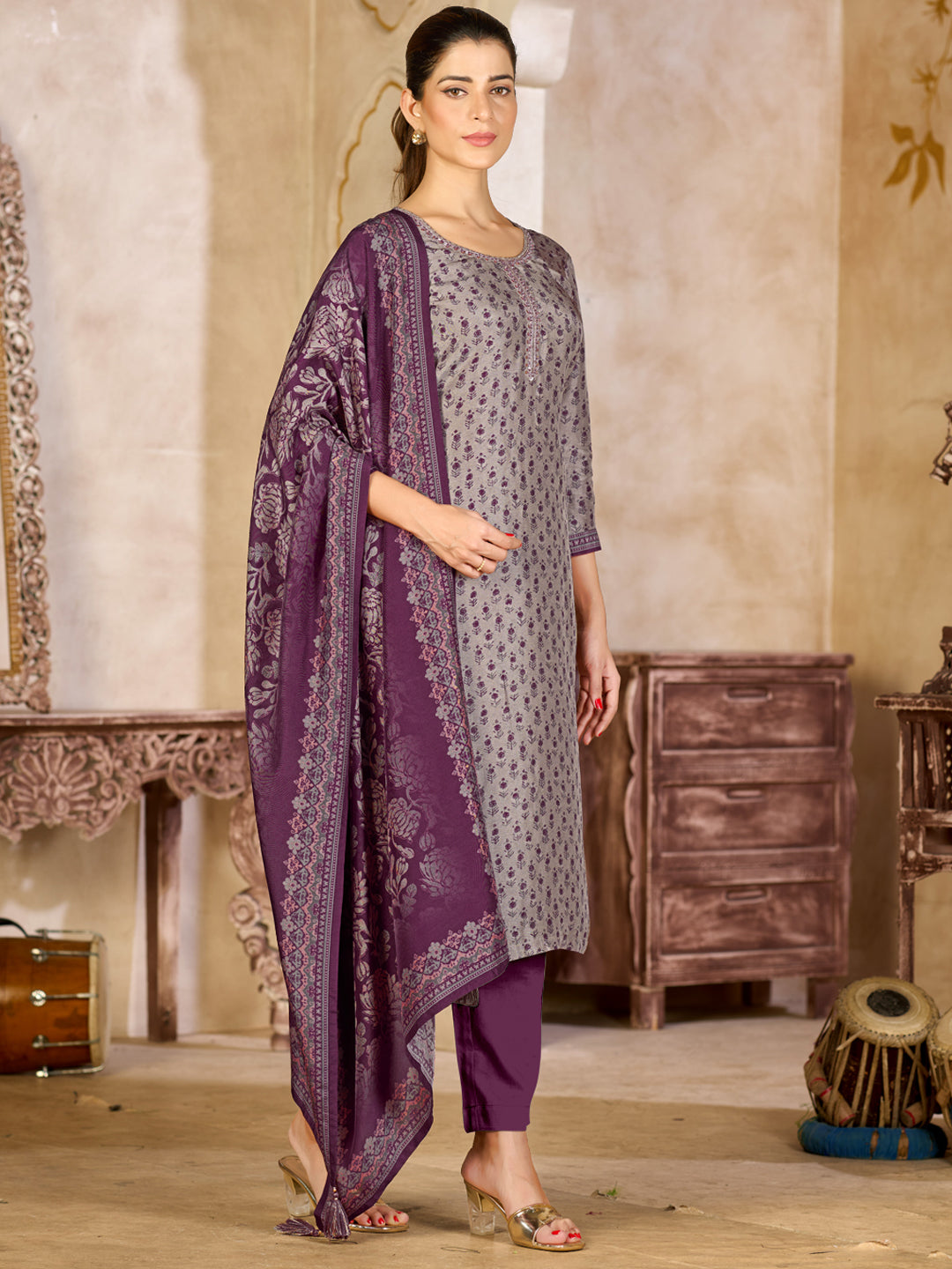 Grey Viscose Kurta Set with Contrast Print Work, Paired with Cambric Cotton Bottom and a Viscose Dupatta