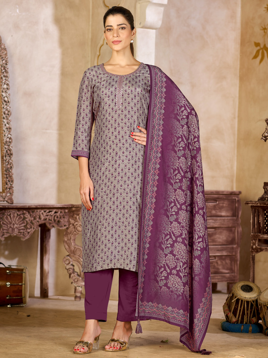 Grey Viscose Kurta Set with Contrast Print Work, Paired with Cambric Cotton Bottom and a Viscose Dupatta