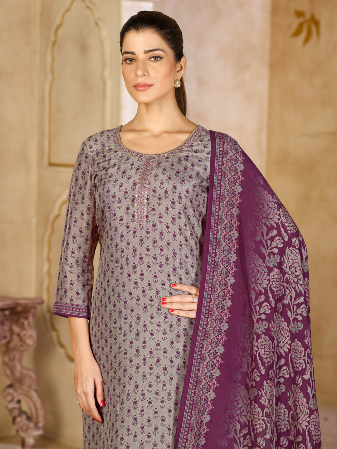Grey Viscose Kurta Set with Contrast Print Work, Paired with Cambric Cotton Bottom and a Viscose Dupatta