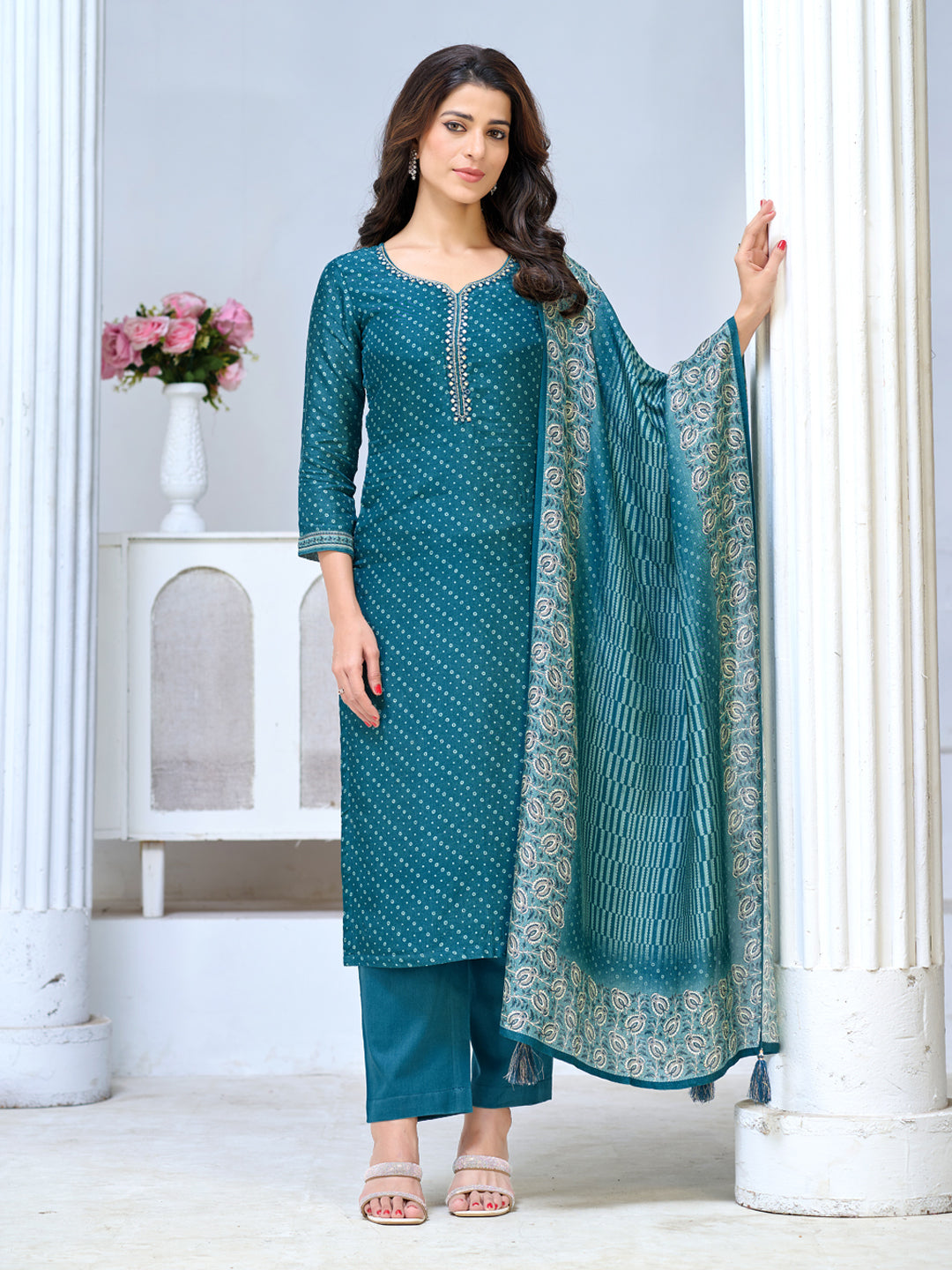 Teal Blue Viscose Kurta Set with Intricate Printed Detailing, Paired with Solid Bottom and Printed Dupatta