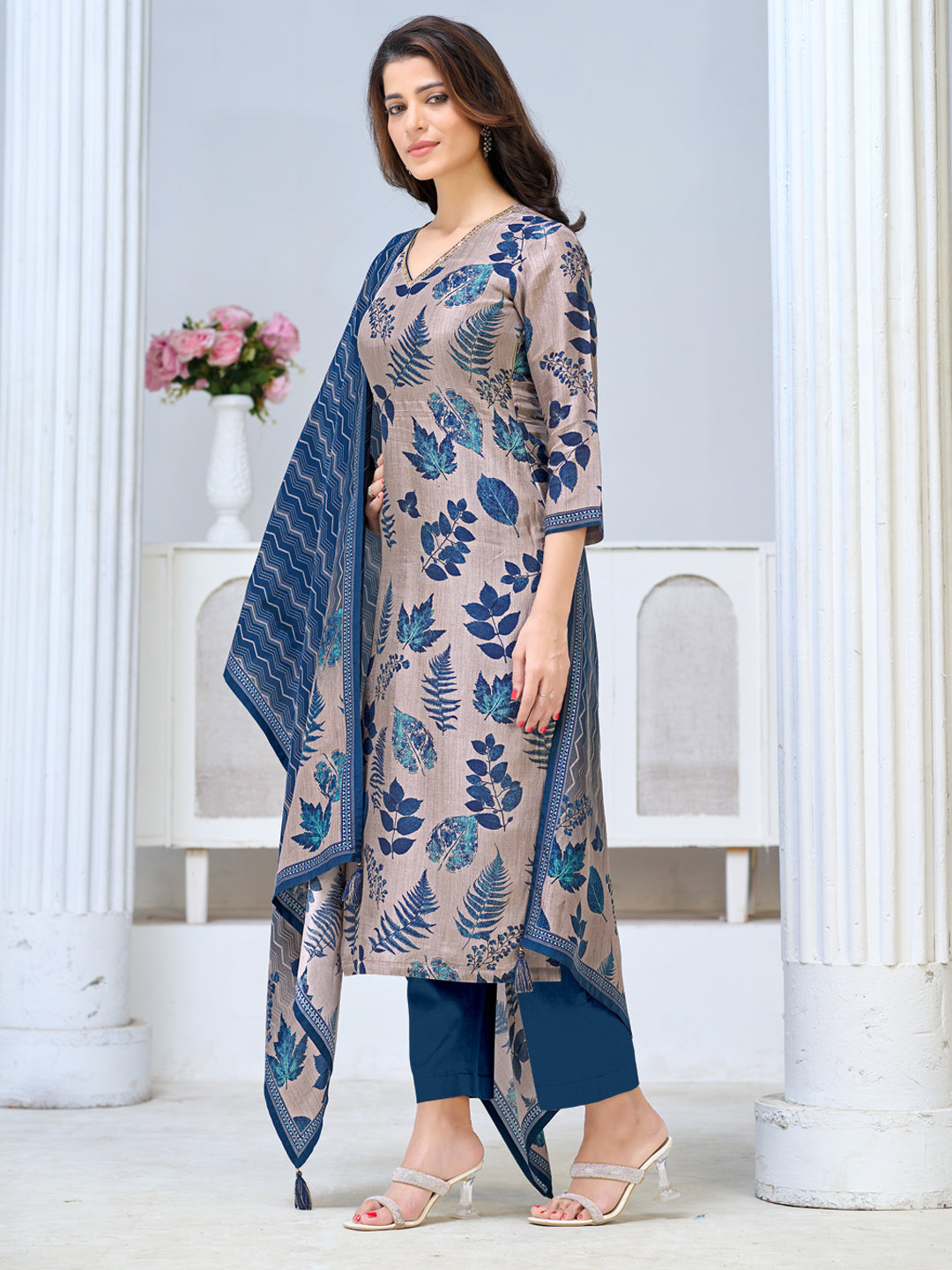 Beige Viscose Kurta Set with All Over Contrast Leaf Printed Work, Paired with Cambric Cotton Bottom and a Matching Viscose Dupatta