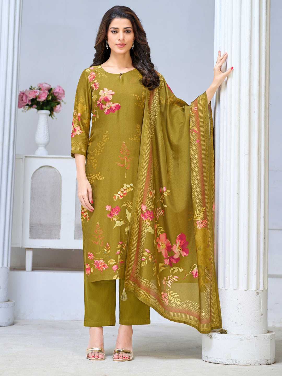 Olive Green Viscose Kurta Set with Elegant Floral Printed Work, Paired with Cambric Cotton Bottom and a Matching Viscose Dupatta