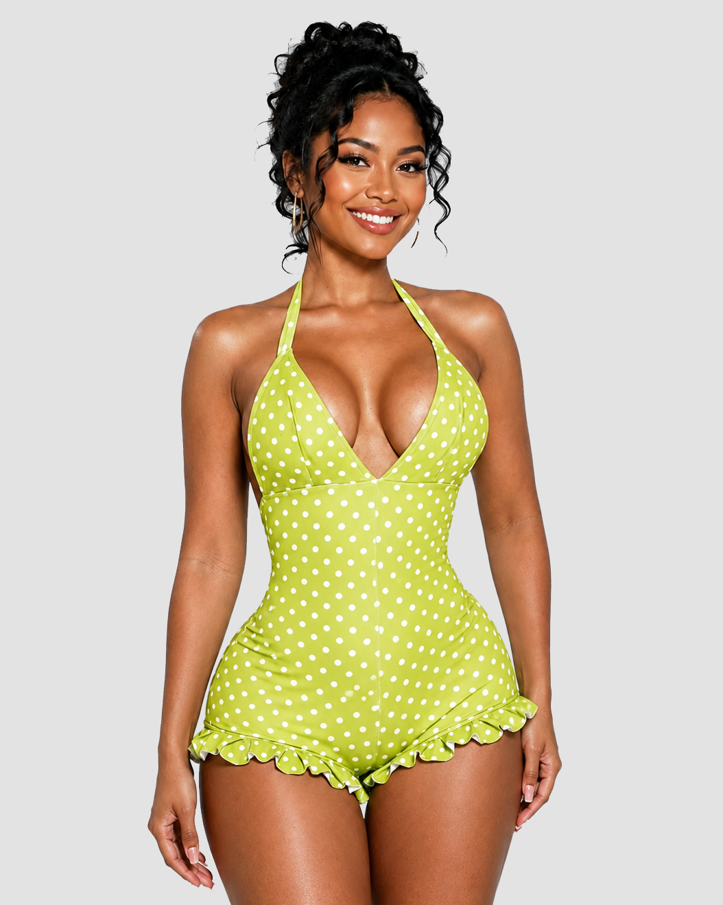 Polka Dot Halter Neck Ruffle Hem Romper - By Qivii