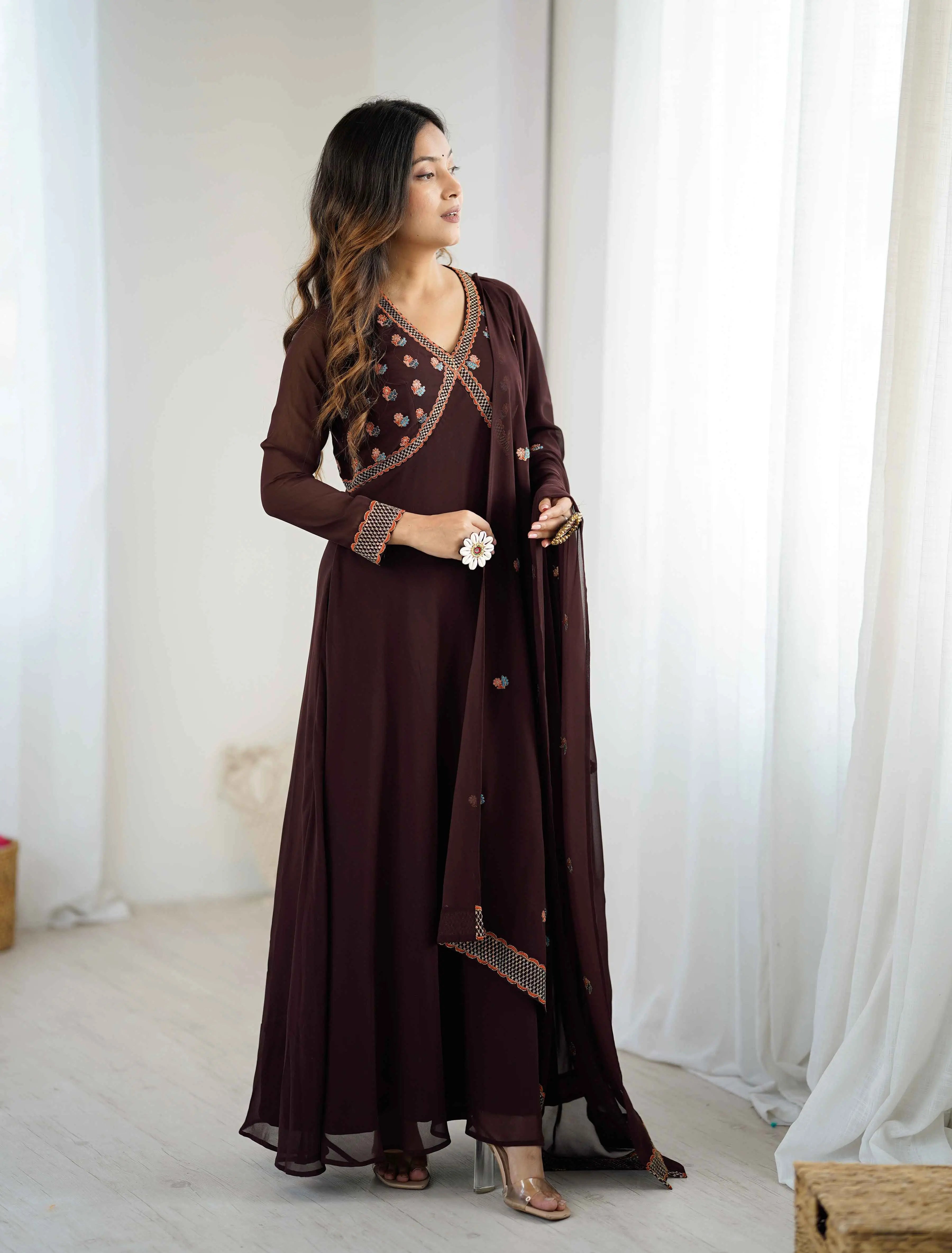Trendy Brown Embroidery Work Gown With Dupatta - qivii