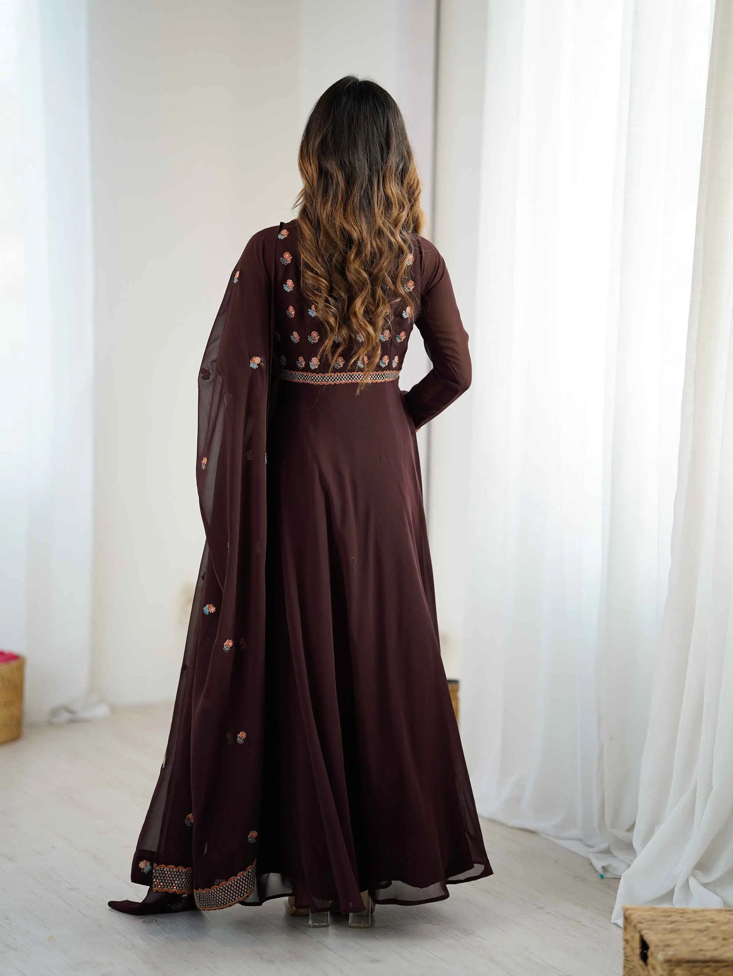 Trendy Brown Embroidery Work Gown With Dupatta - qivii