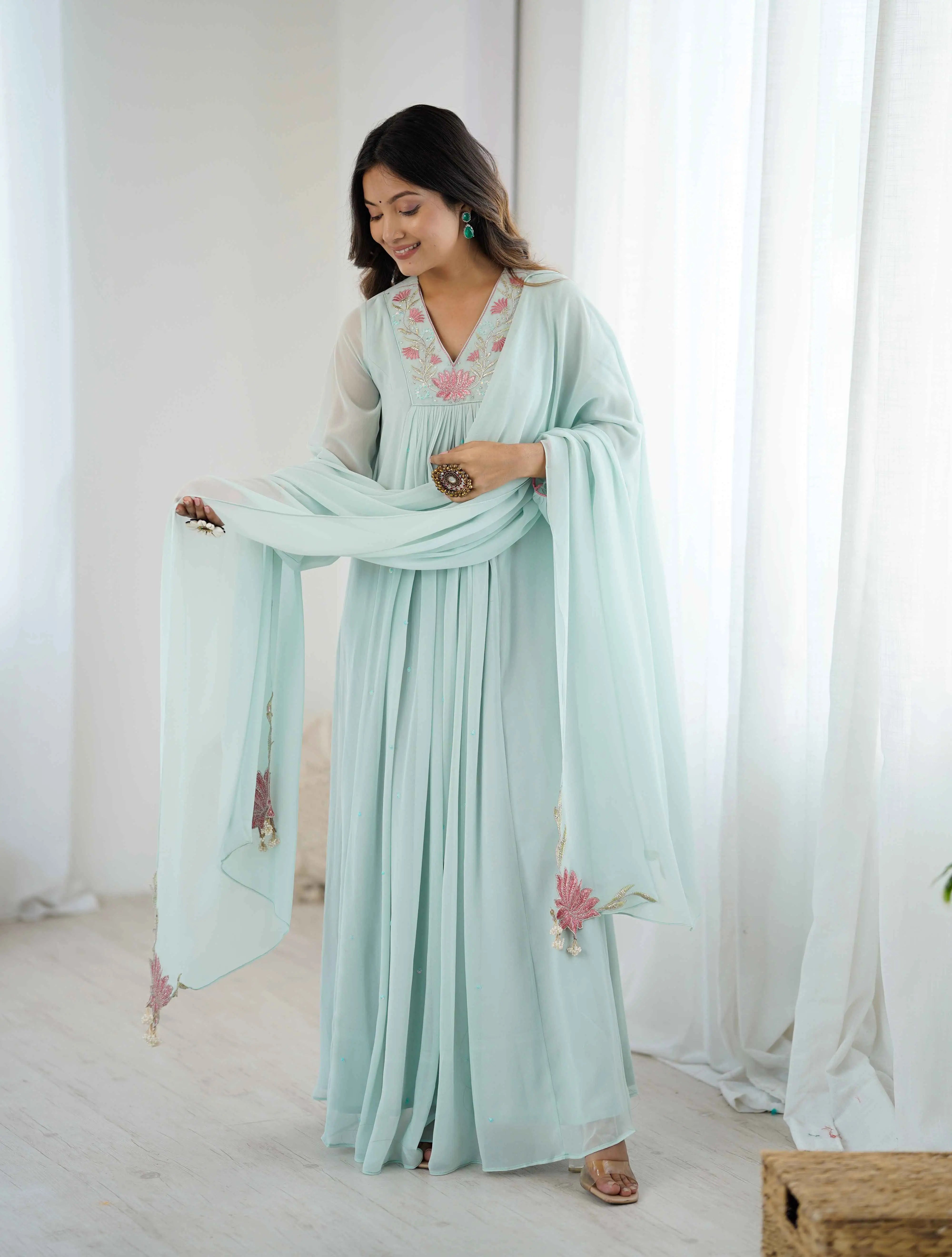 Designer Sky Blue Georgette Gown With Embroidery Work - qivii