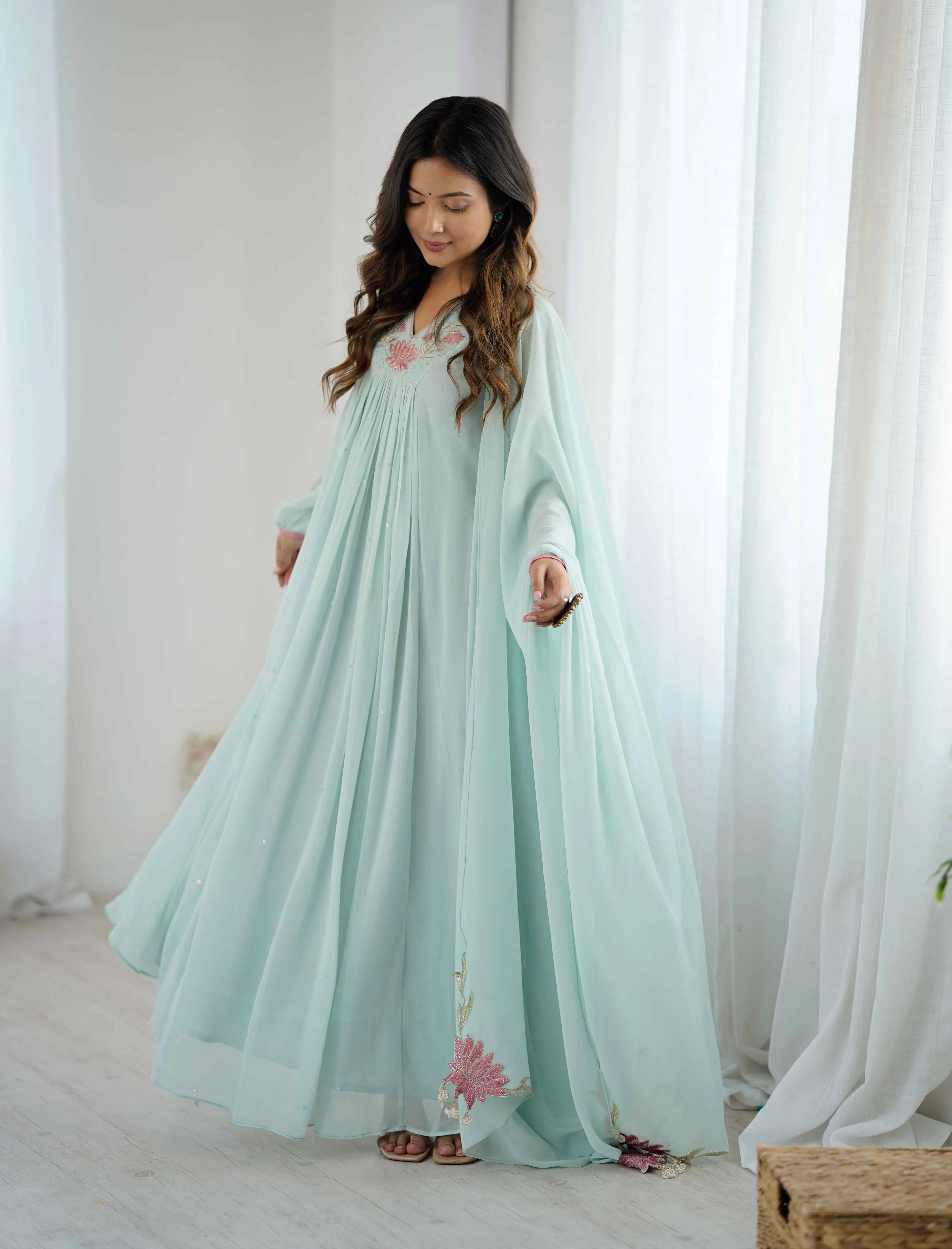 Designer Sky Blue Georgette Gown With Embroidery Work