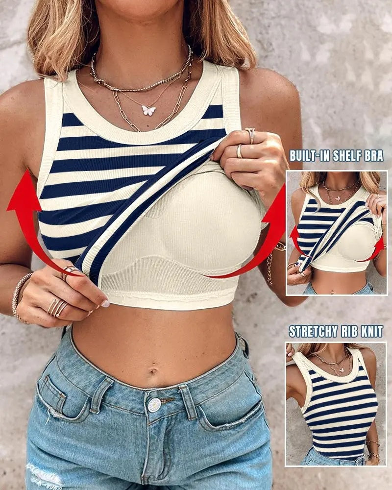 Round Neck Ribbed Tank Top Built In with Bra Padded - By Qivii