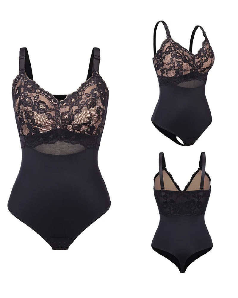 Seamless Lace Slimming Waist Bodysuit Tummy Control Thong Shapewear With Bra - By Qivii