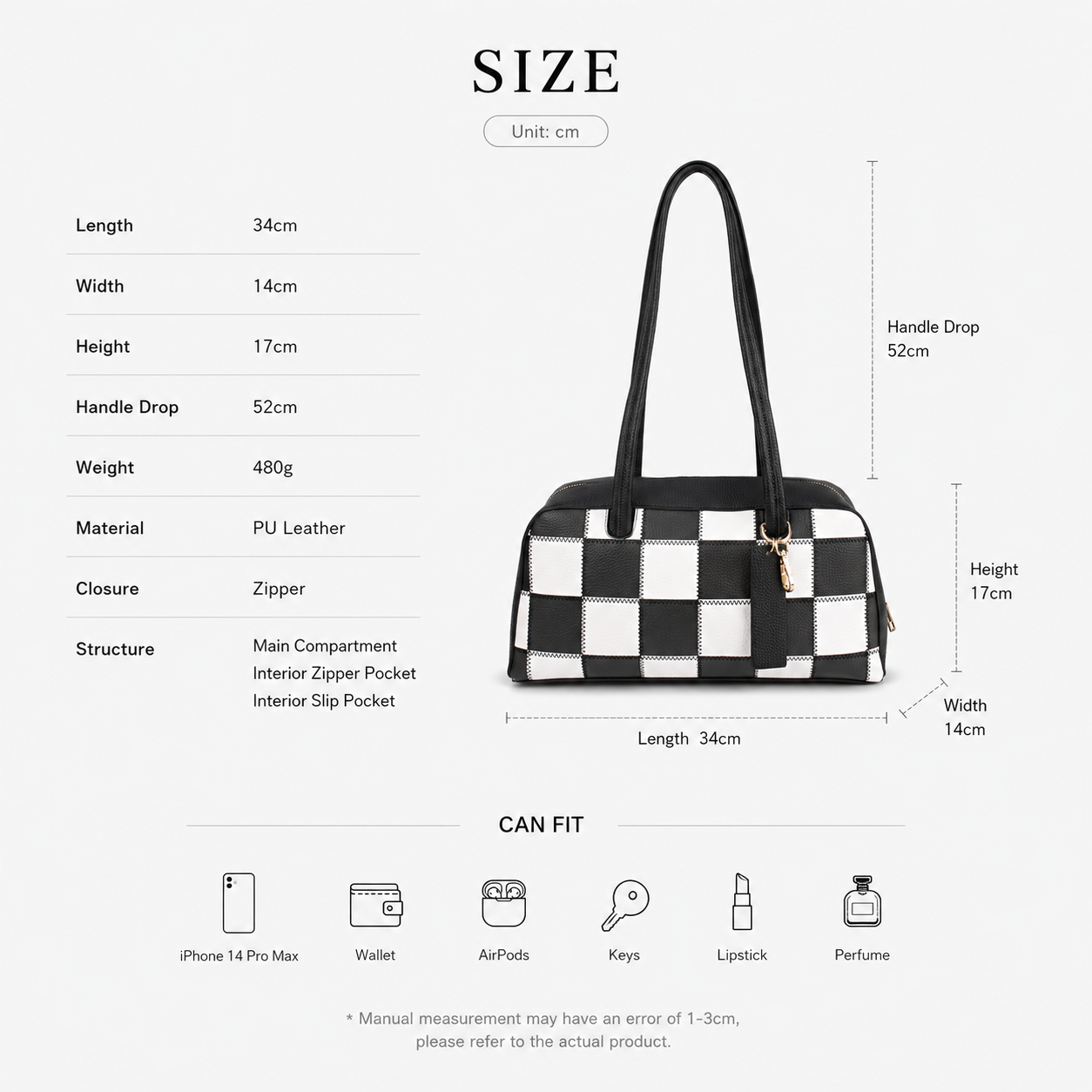 Ounamei Checkered Vegan Leather Shoulder Bag for Women – Large Capacity Everyday Tote Purse