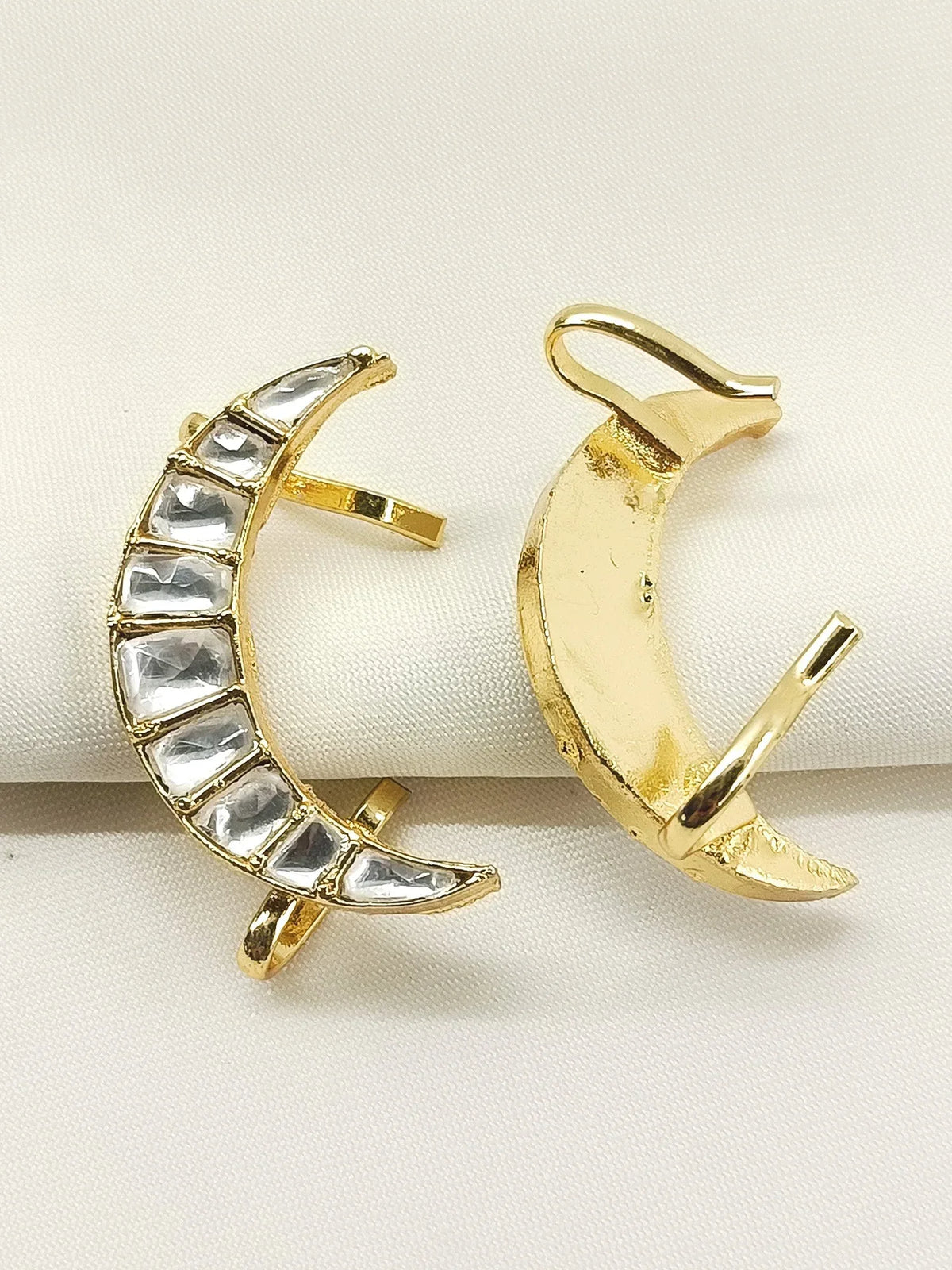 AG'S Jewelry men's moon shape Kundan earcuff in white gold plating, featuring intricate Kundan detailing, pair shown.