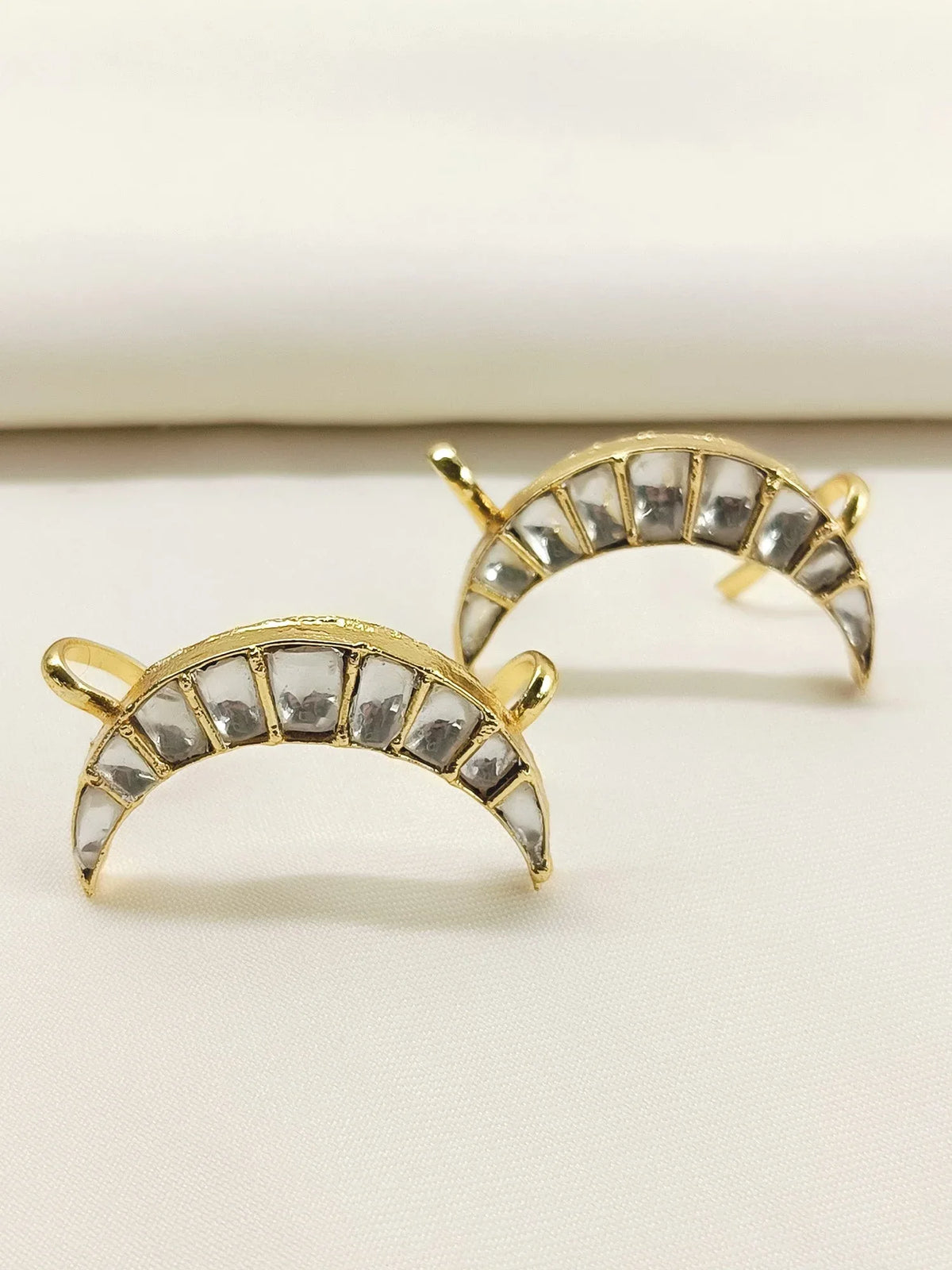 Men's moon-shaped Kundan earcuff by AG's Jewelry, white gold-plated jewelry featuring traditional Kundan design, pair of earrings.