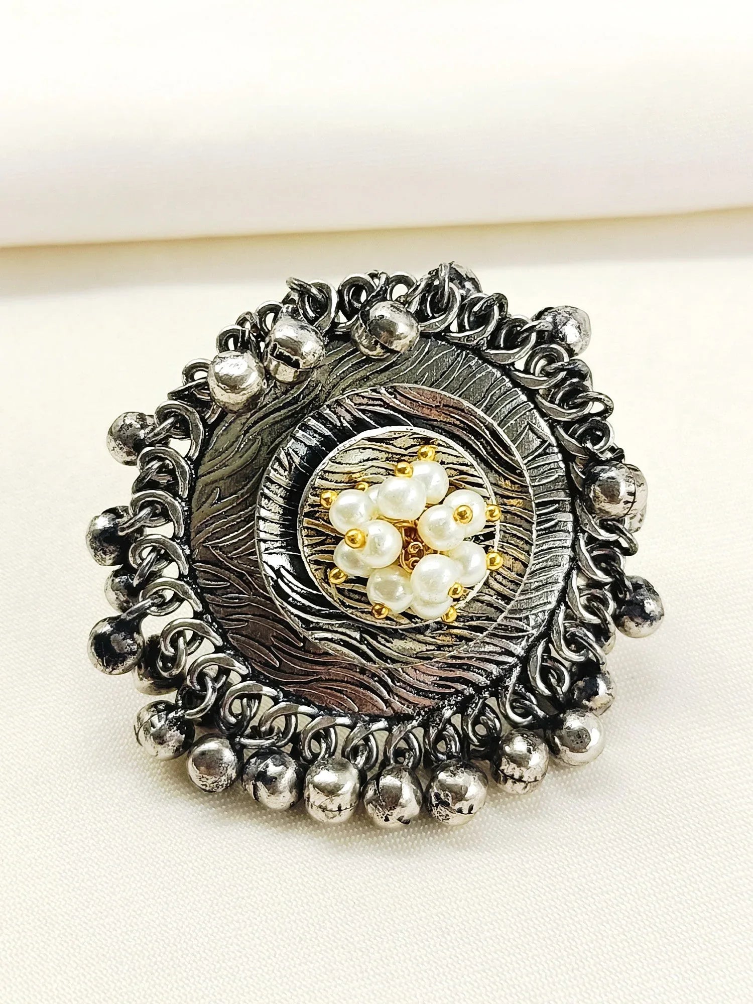 Nabhya White Pearl Oxidized Finger Ring
