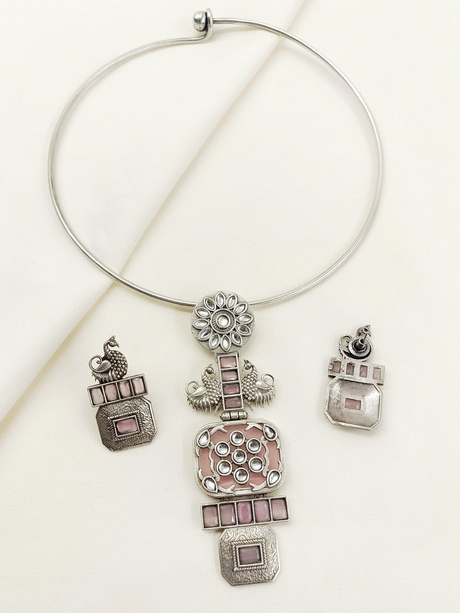 Naiya Baby Pink Oxidized Hasli Style Necklace Set