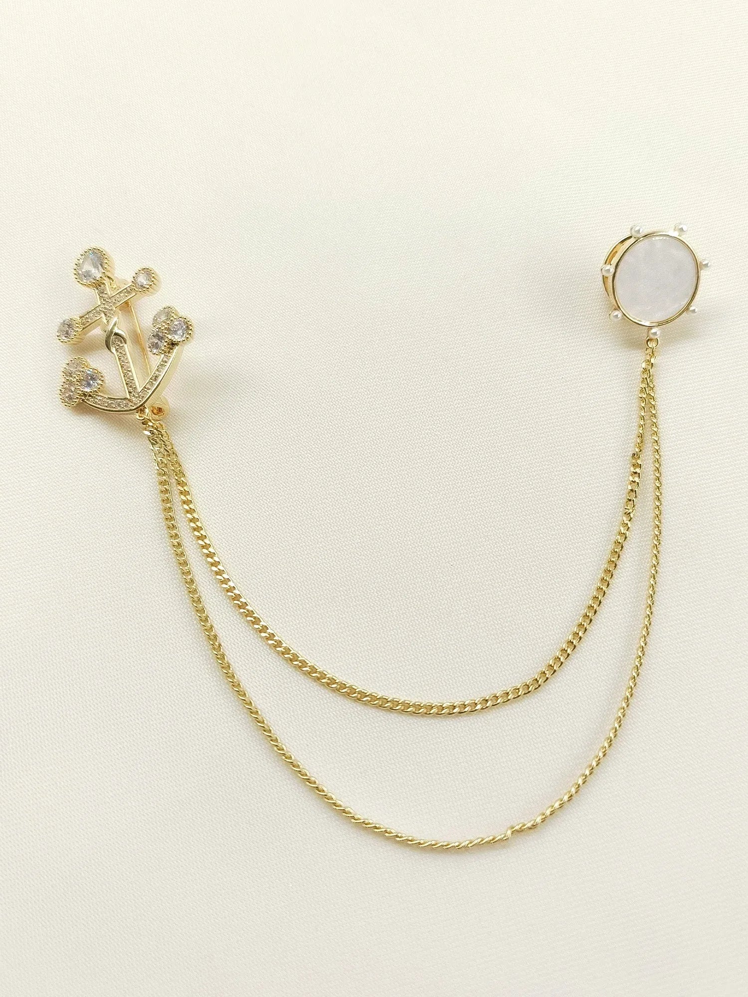Sureeli Golden Anchor & Wheel Brooch Pin With Chain