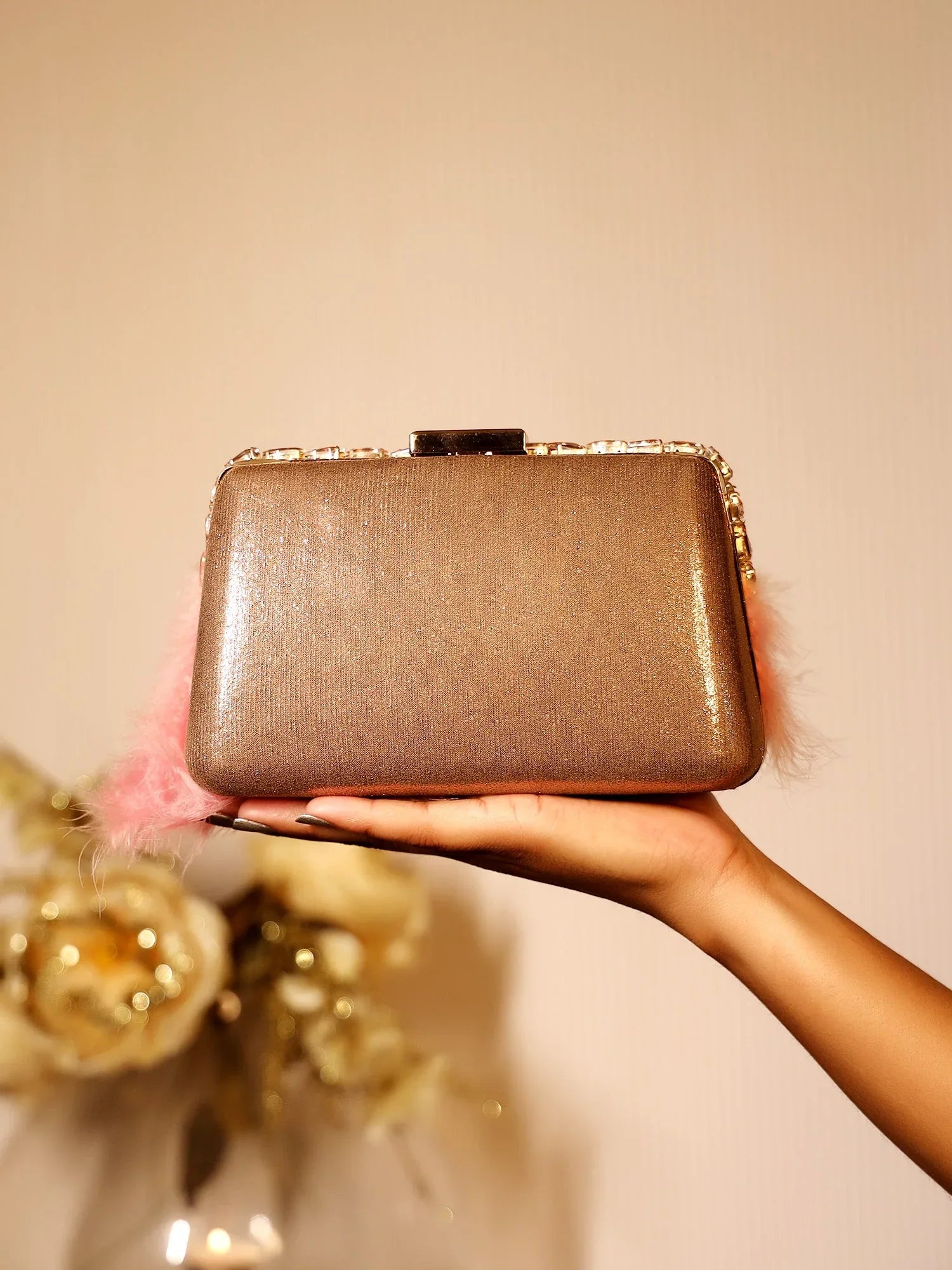 Camilla Rose Gold Feather Evening Clutch
