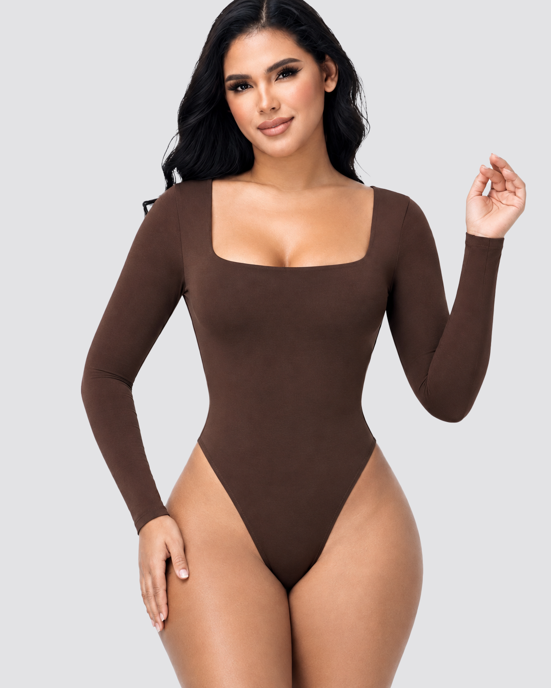 Square Neck Long Sleeve Backless Thong Slim Fit Bodysuit