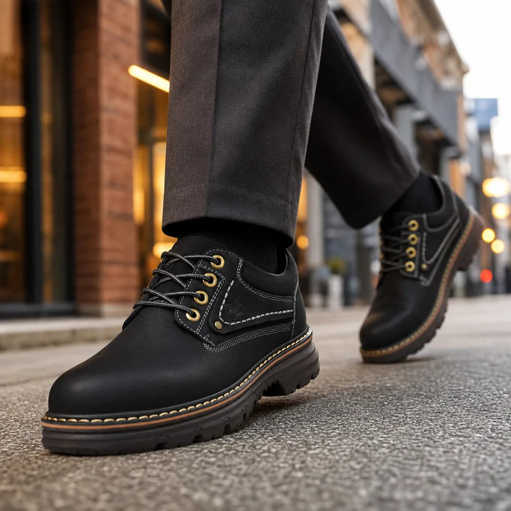 Black men's leather derbies shoes by Hudson Ridge, featuring classic design and smooth leather finish.