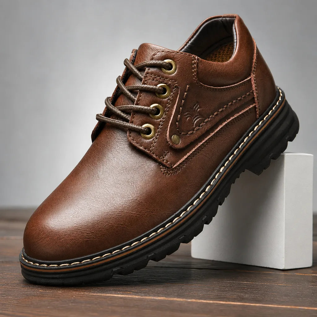 Brown men's leather derbies shoes by Hudson Ridge, featuring classic design and polished finish for versatile formal wear.