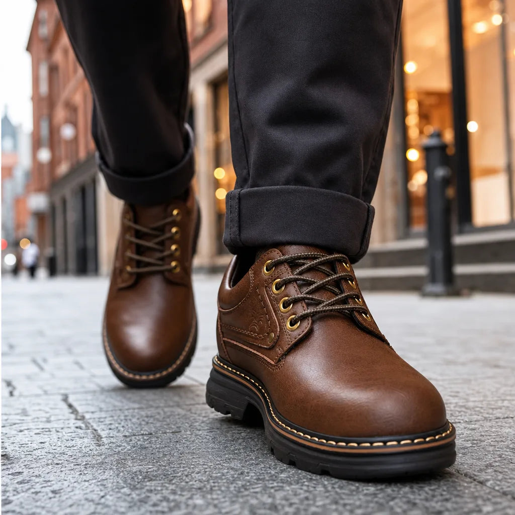 Brown men's leather derby shoes from Hudson Ridge, styled with classic design and polished finish by Qivii.