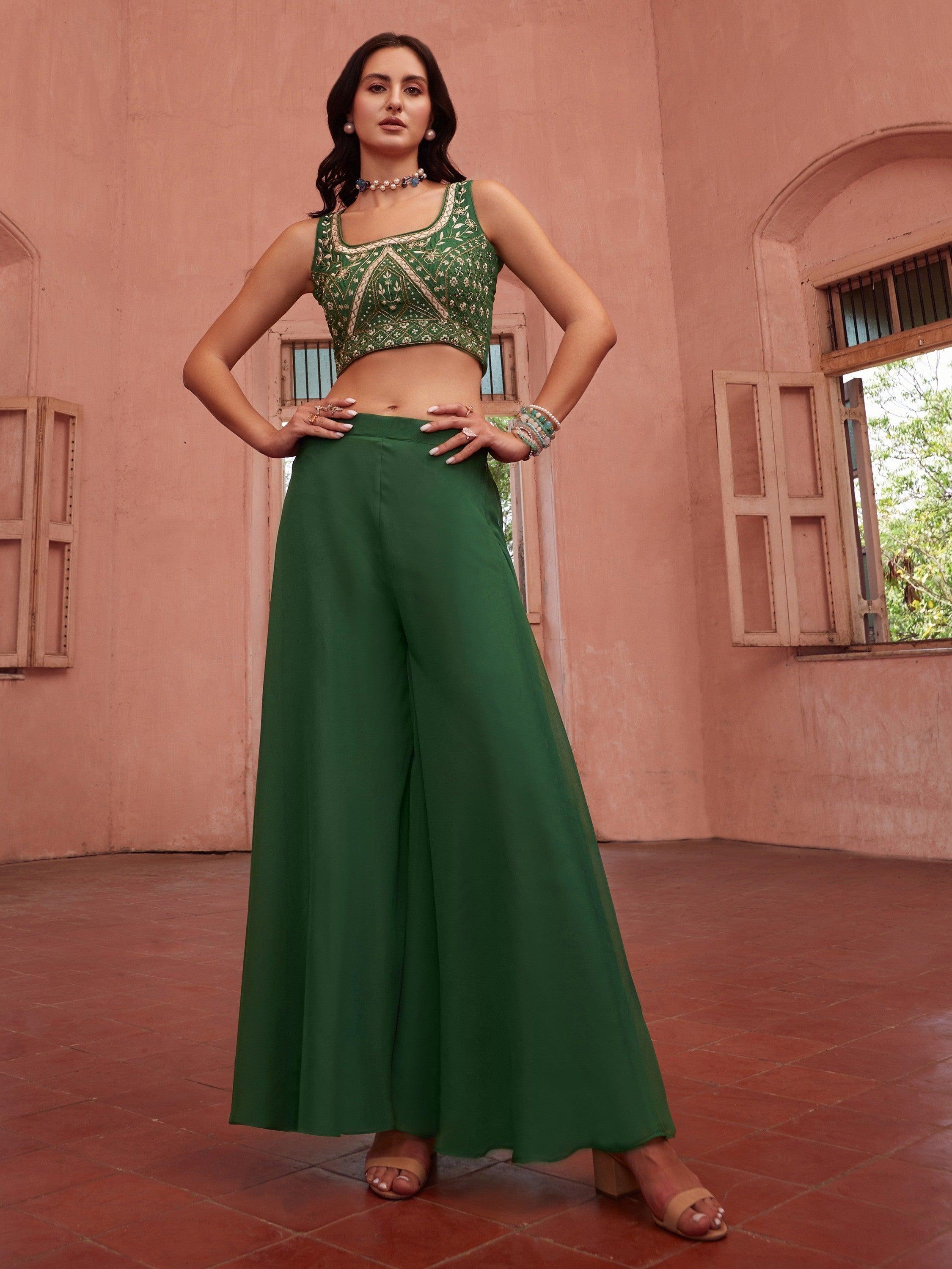 Stylish digital printed shrug in matching green georgette material