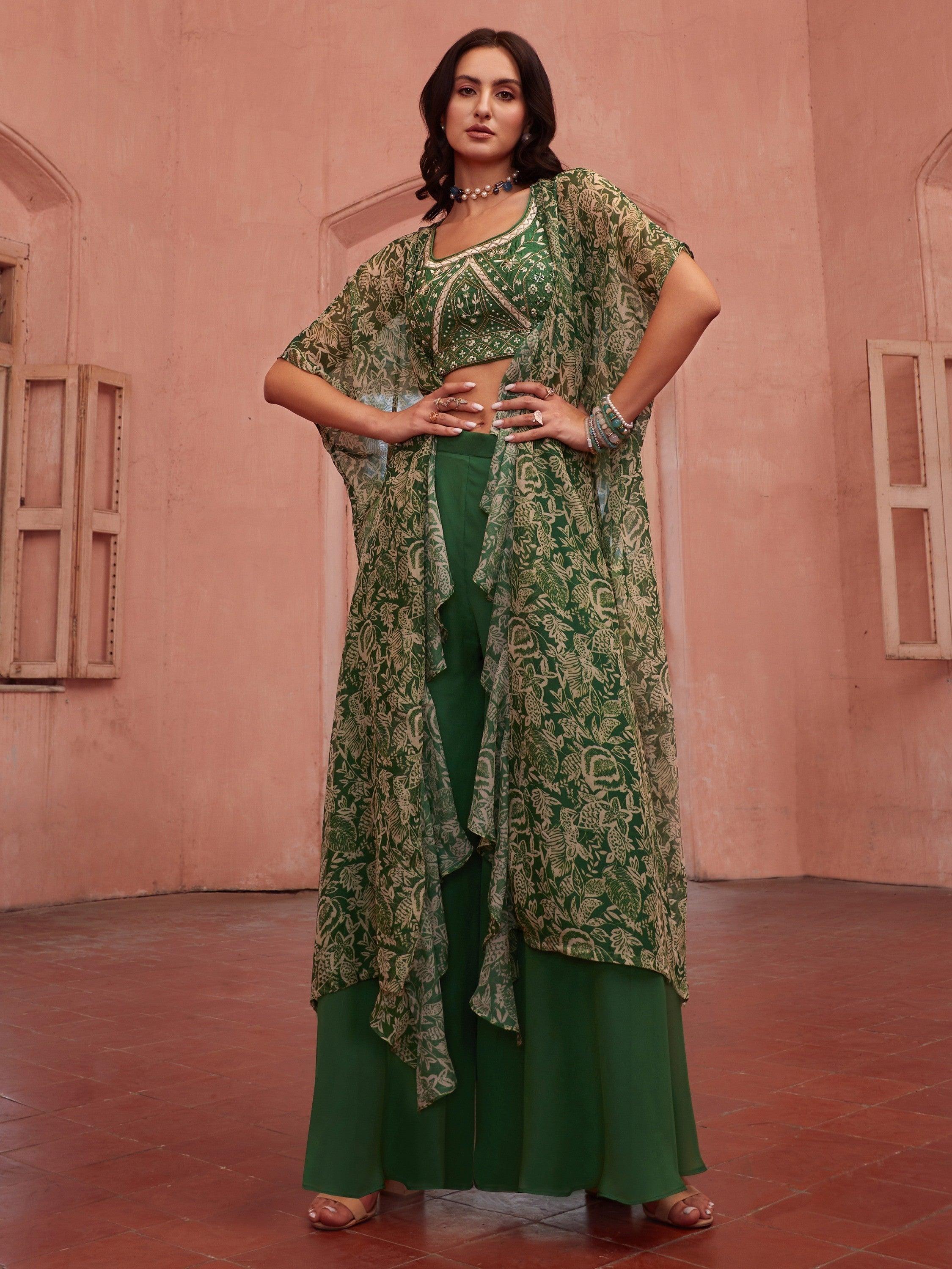 Spectacular green georgette crop top with intricate embroidery and mirror work