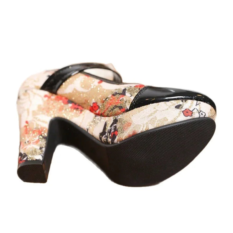 Amelia women's floral Mary Jane platform heels by Hudson Ridge, featuring colorful floral patterns and comfortable heel design.