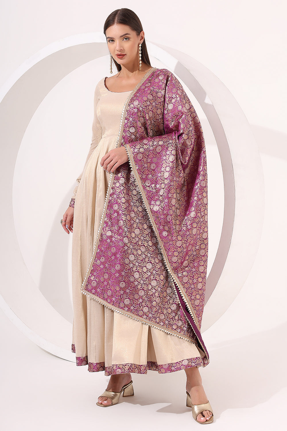 Golden Anarkali With Brocade Dupatta