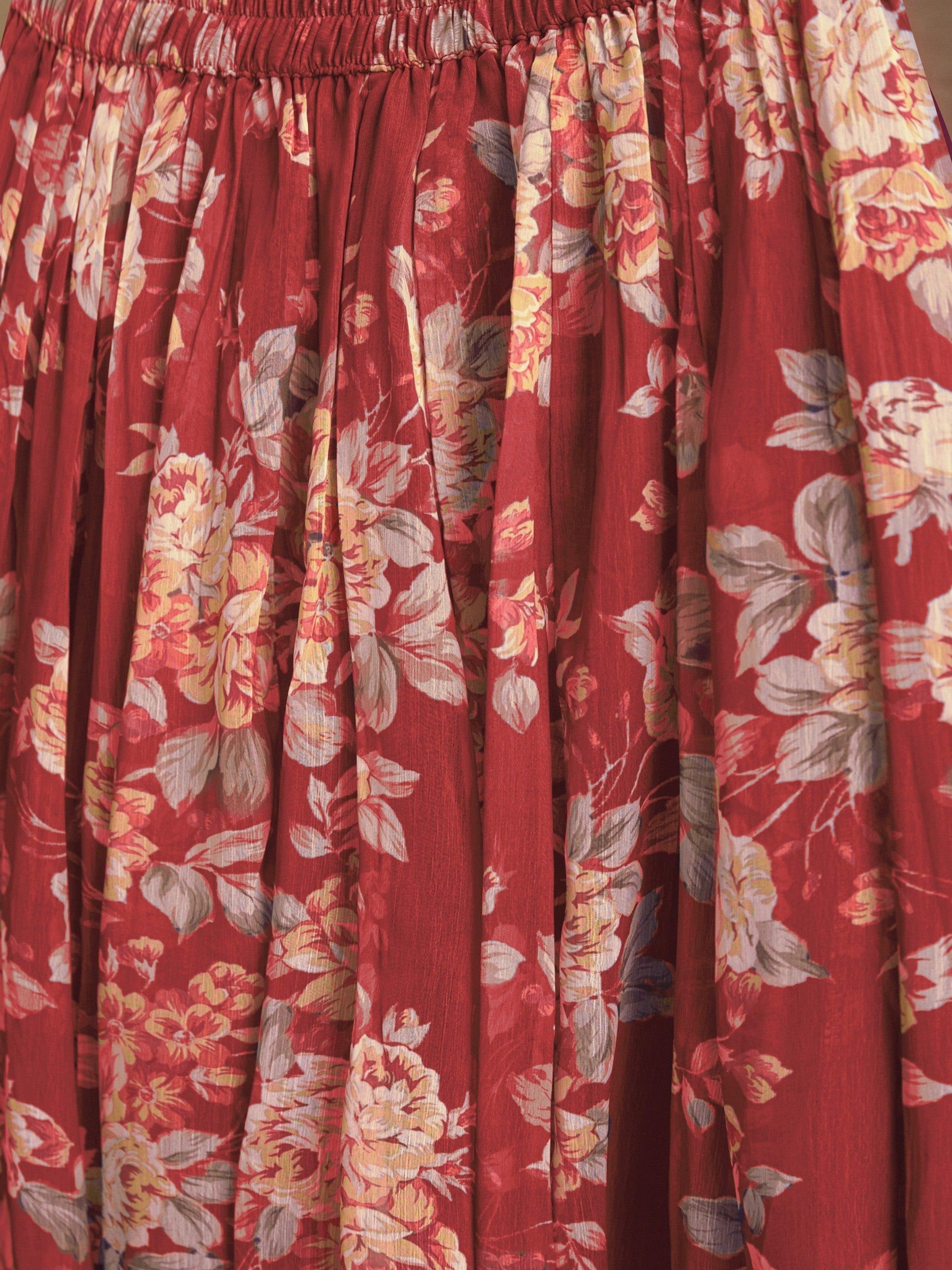 Charming Red Floral Printed Chiffon Festival Wear Palazzo Suit with elegant design and flowing silhouette for women