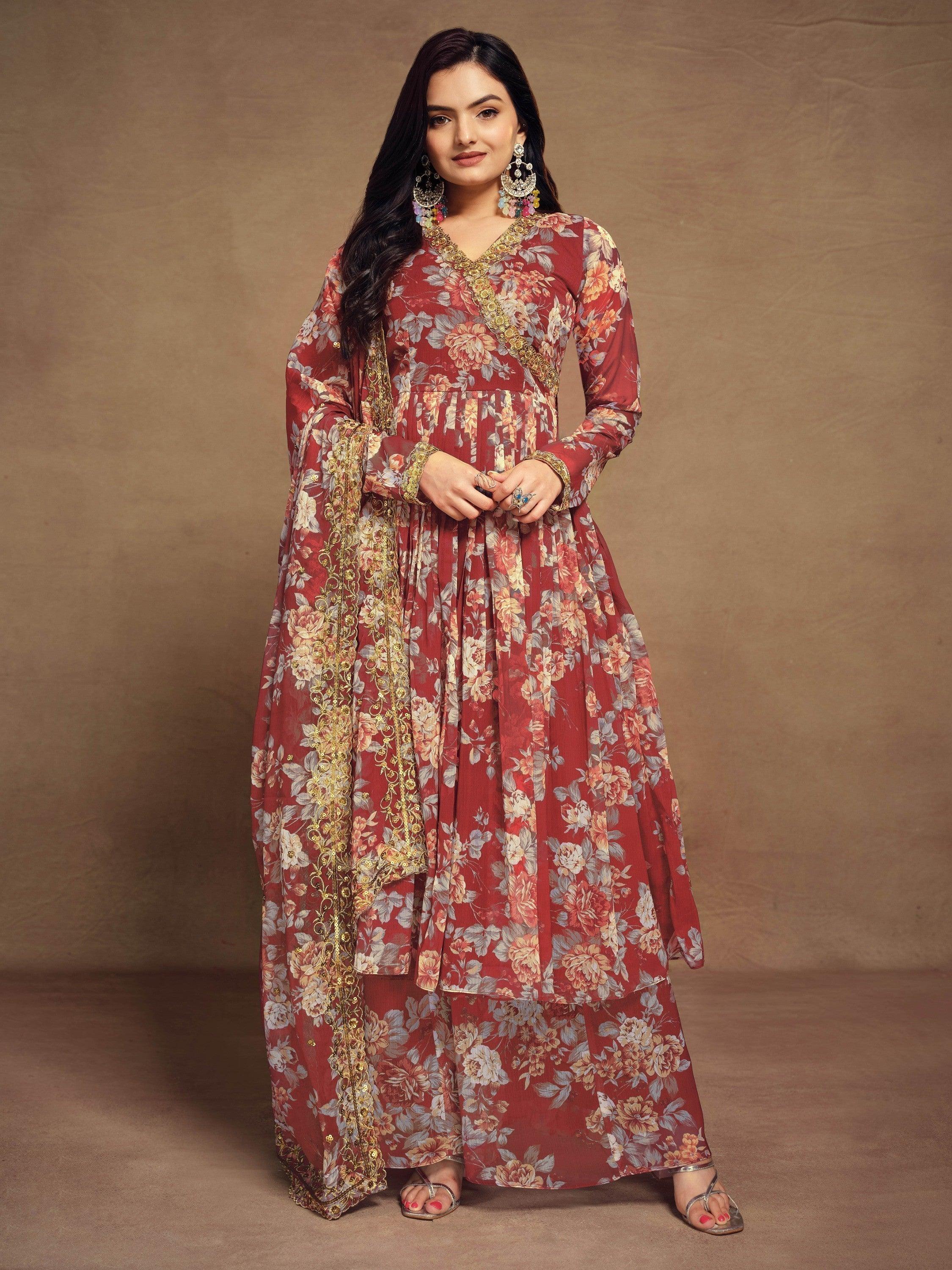 Charming red floral printed chiffon festival wear palazzo suit for women