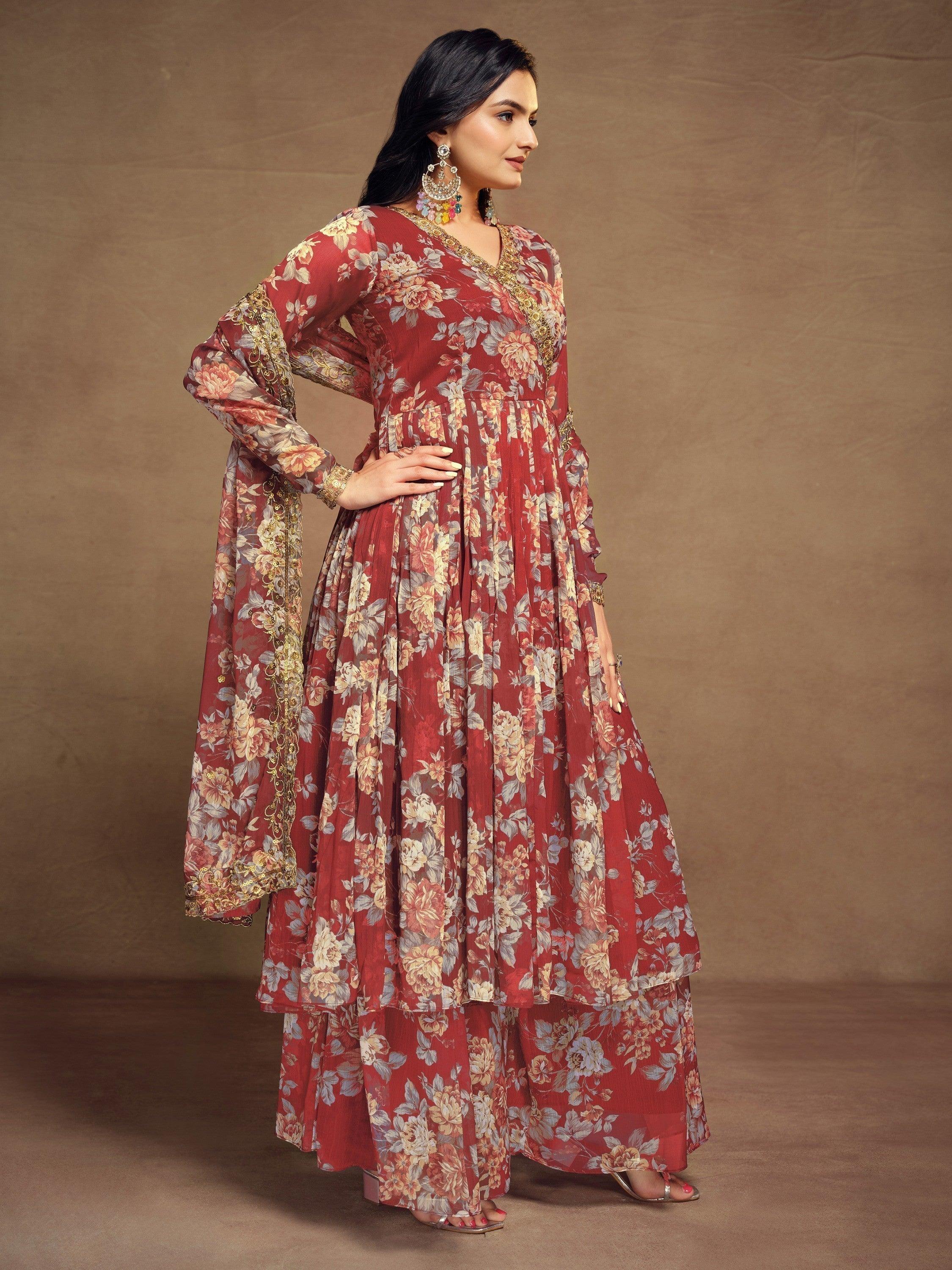 Charming red floral printed chiffon palazzo suit for festival wear