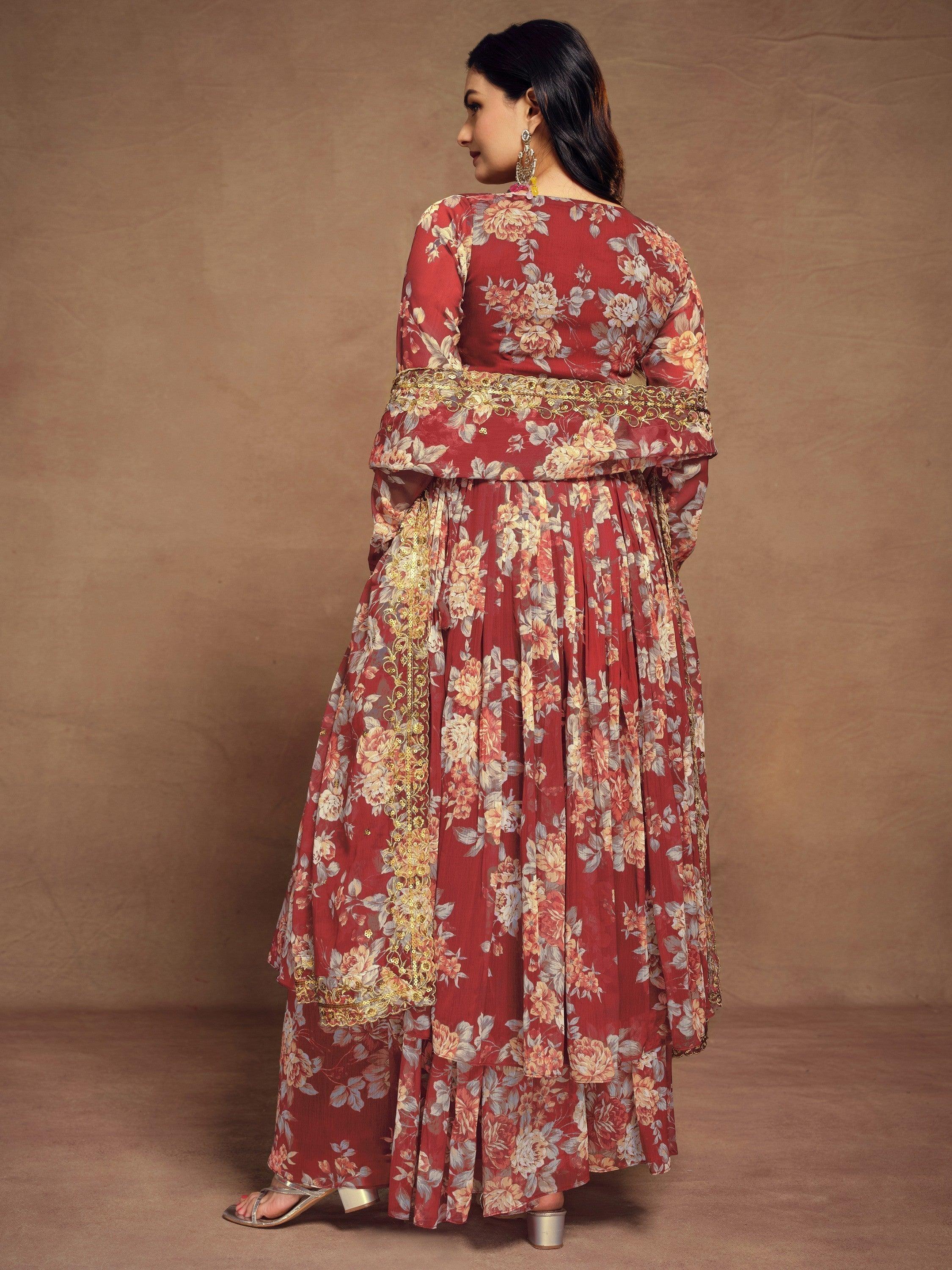 Charming Red Floral Printed Chiffon Festival Wear Palazzo Suit with matching dupatta