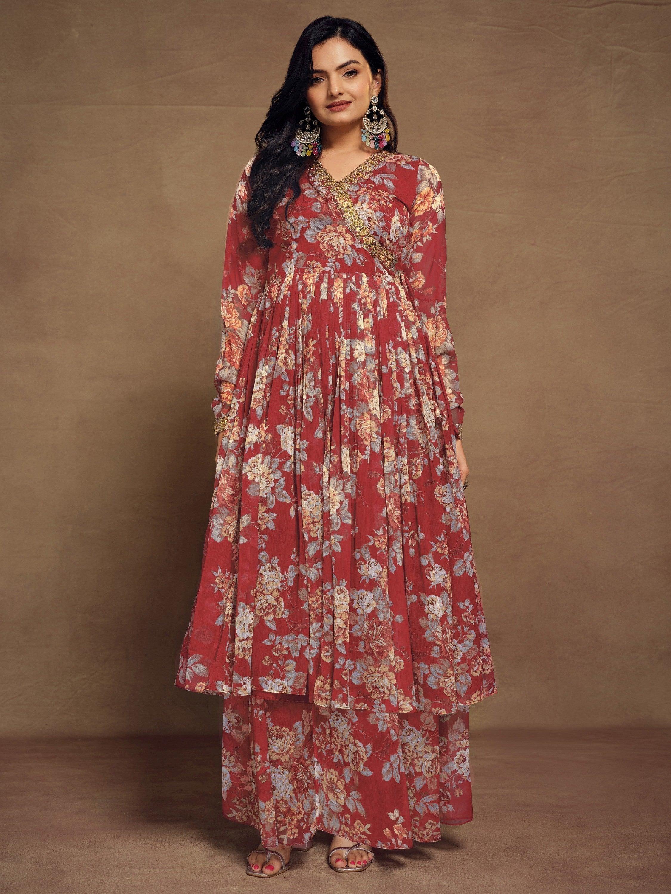 Charming Red Floral Printed Chiffon Festival Wear Palazzo Suit with Flared Pants and Printed Dupatta - Elegant Indian Ethnic Outfit for Women