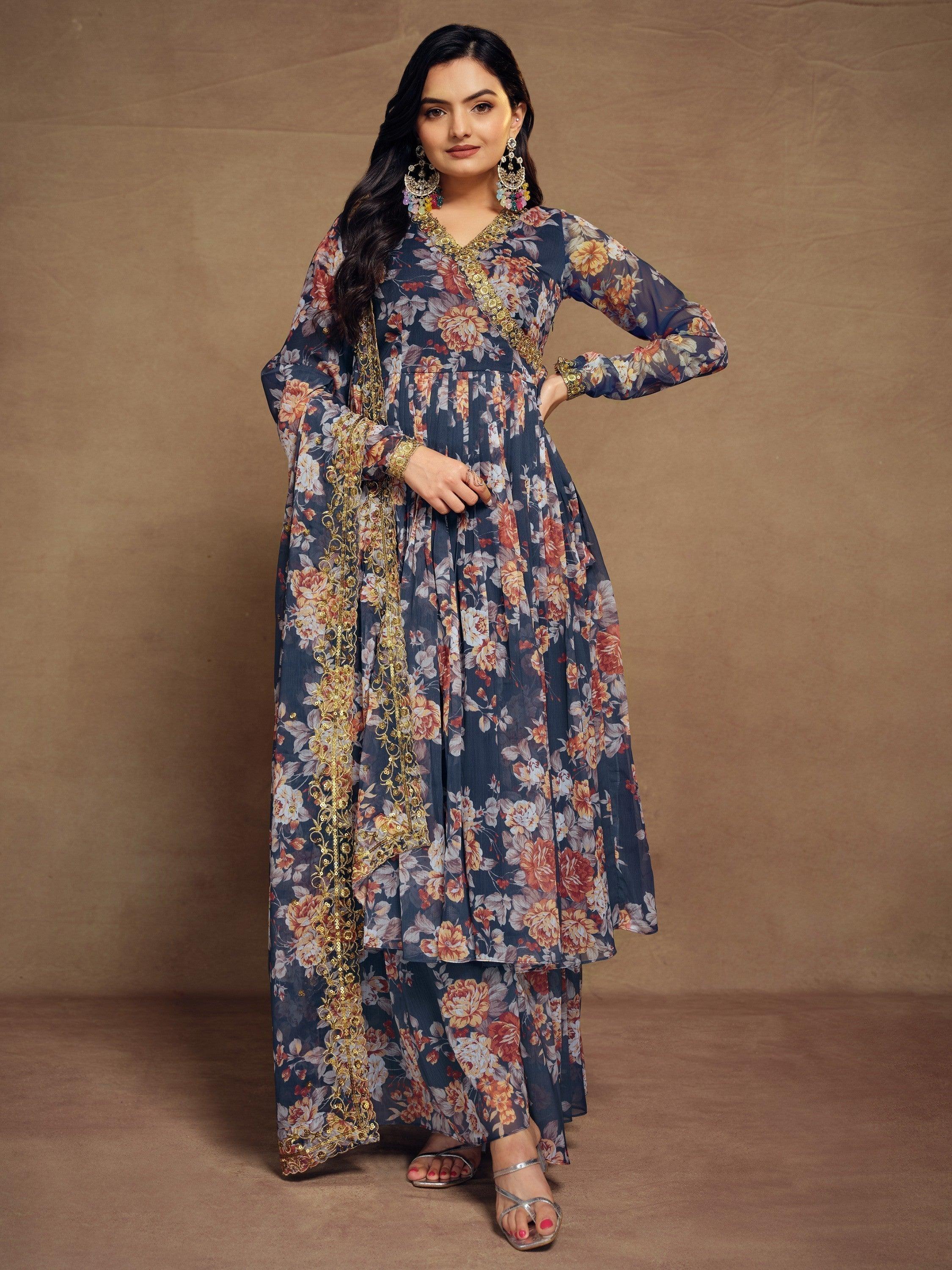Magnetic blue floral printed chiffon function wear palazzo suit with intricate floral print work and sequins work