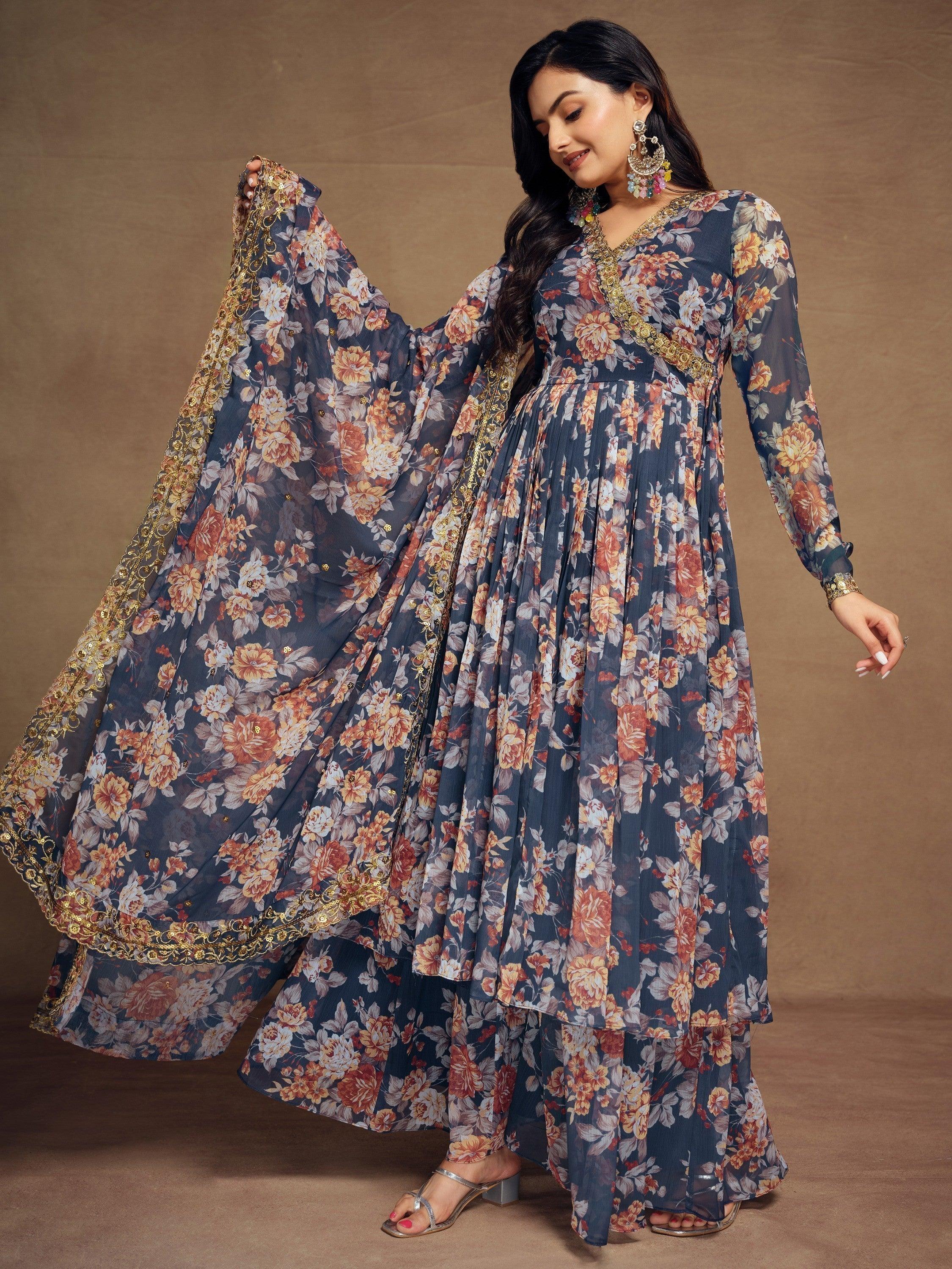 Fully stitched suit with matching palazzo and dupatta in similar blue color