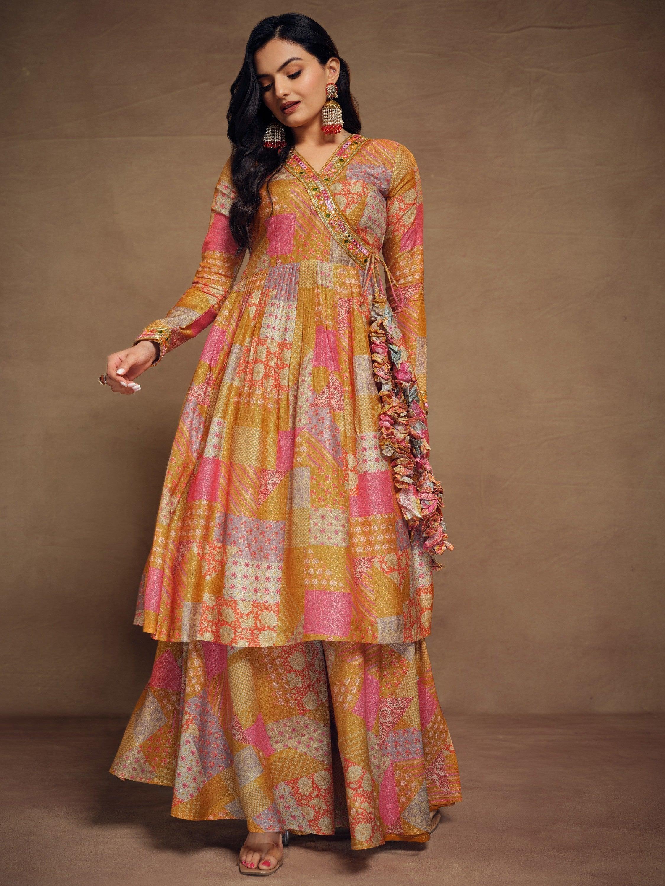 Adorable Mustard Yellow Digital Printed Muslin Silk Palazzo Suit with intricate designs and elegant silhouette