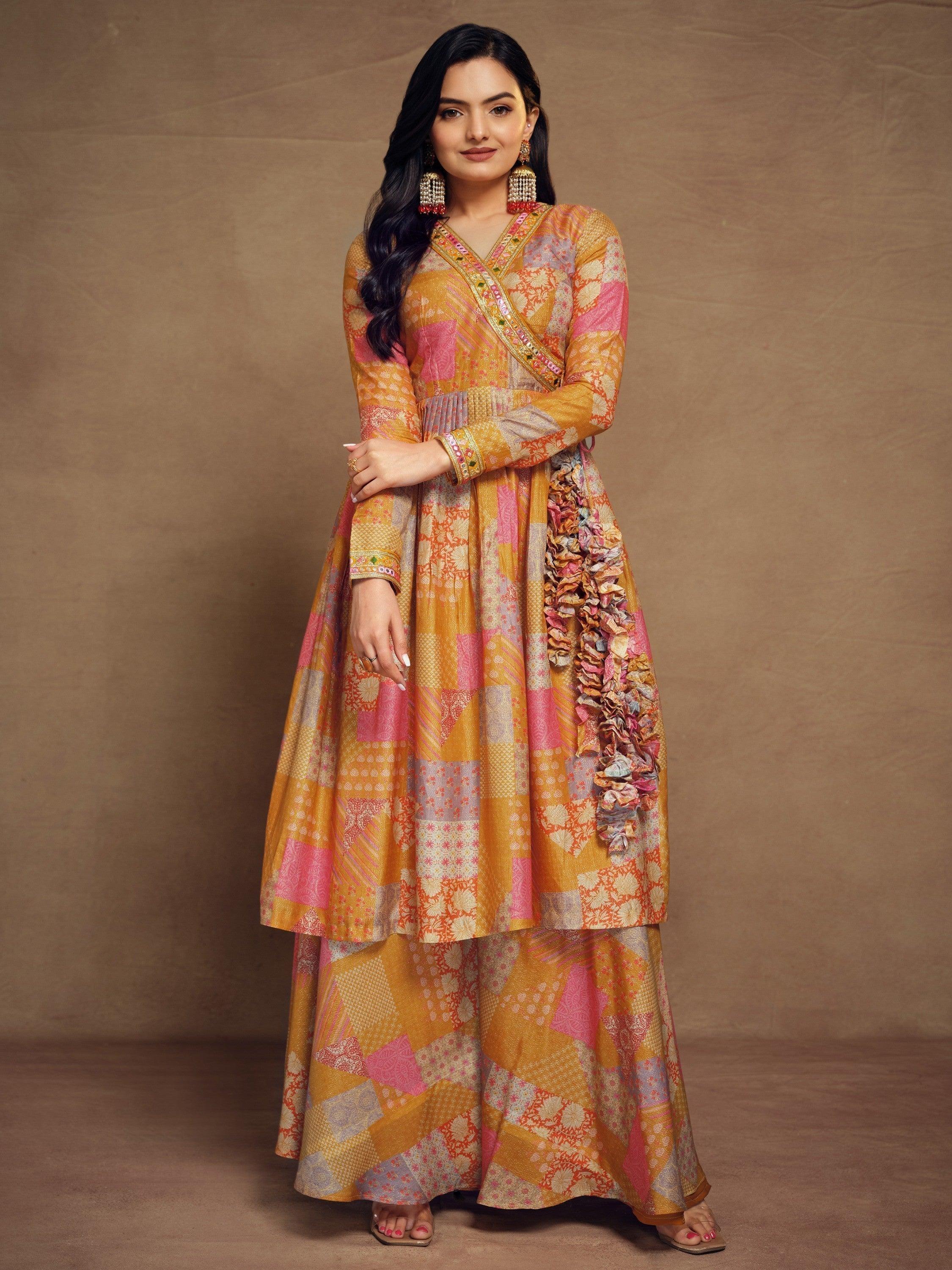Adorable Mustard Yellow Digital Printed Muslin Silk Palazzo Suit for Women