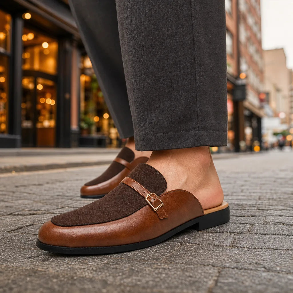Brown men's closed-toe mules by Hudson Ridge, stylish loafers from the Arman collection, perfect for casual or formal wear.