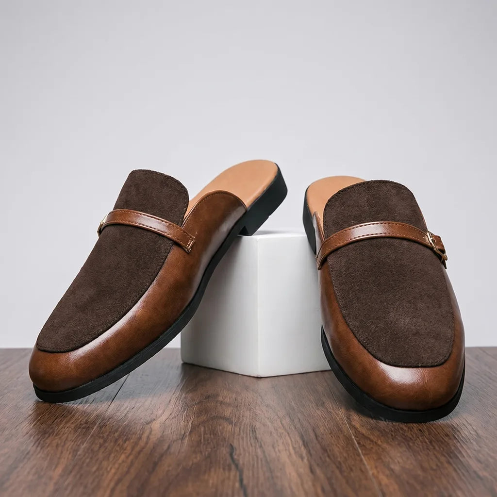 Brown men's closed-toe mules by Hudson Ridge, stylish men's footwear from Qivii with comfortable slip-on design.