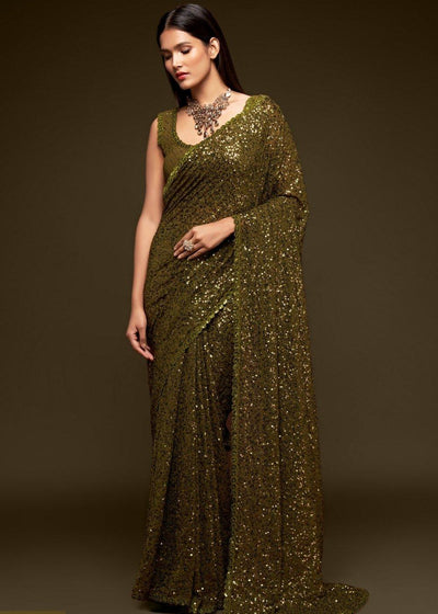 Army Green Sequins & Thread Embroidered Designer Georgette Saree | Stitched Blouse - qivii