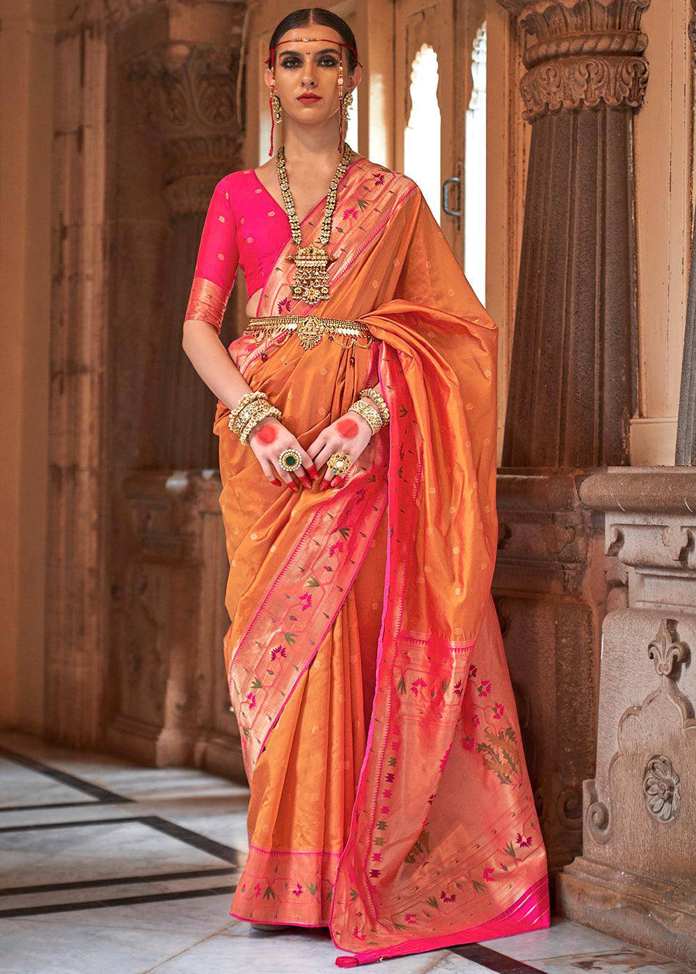 Sunset Orange Paithani Silk Saree orders For Woman Handloom Silk Saree With Embroidered Blouse Latest Sarees Latest Paithani Saree