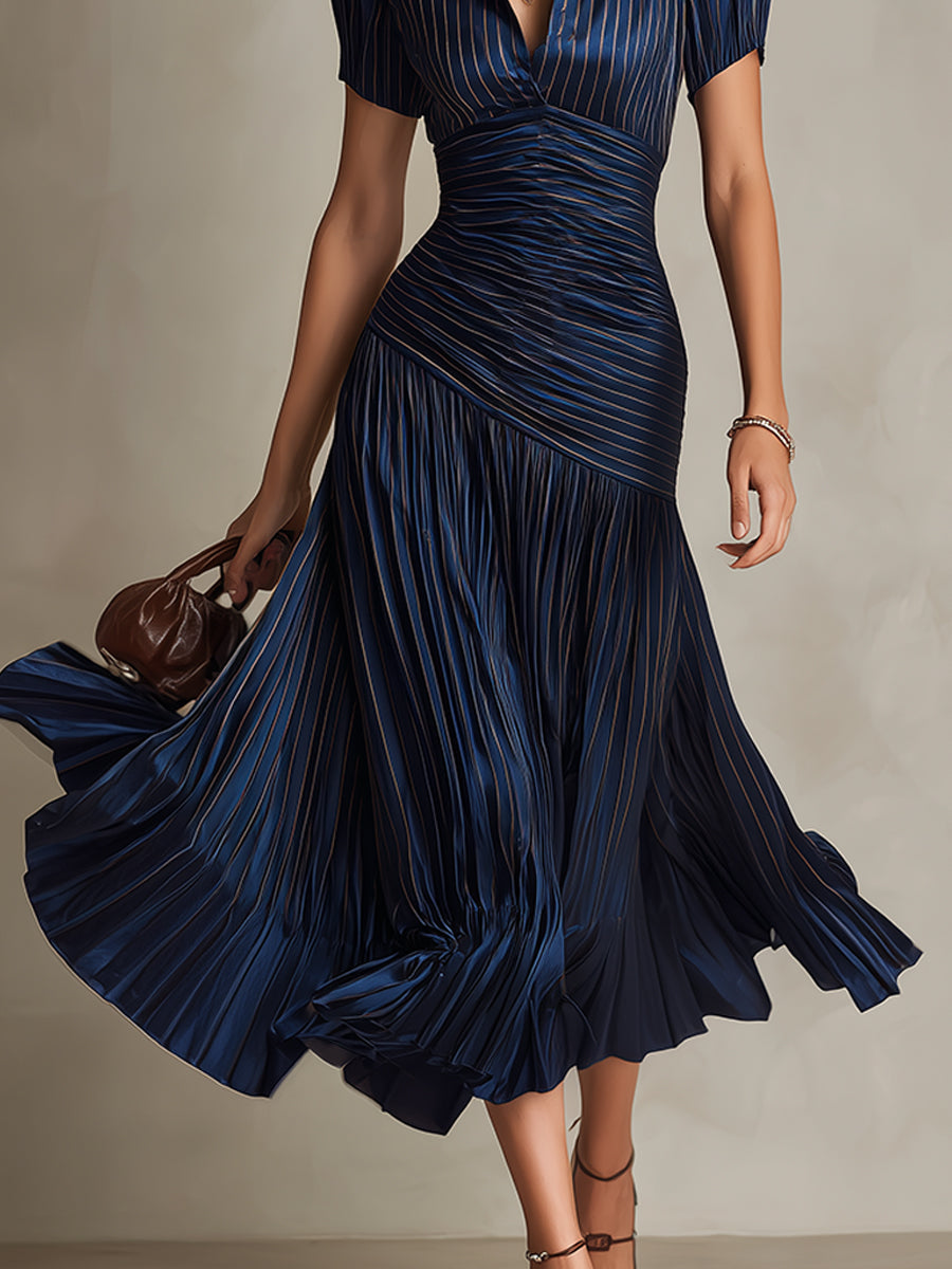 Adriana | Retro Striped Satin Midi Dress by Qivii