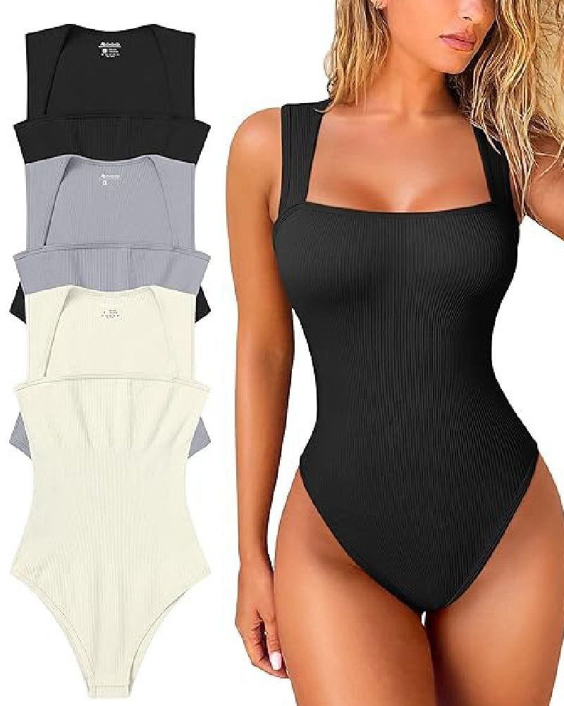 Shapshe® Square Neck Sleeveless Knit Ribbed Seamless Tummy Control Tank Tops Bodysuit - By Qivii
